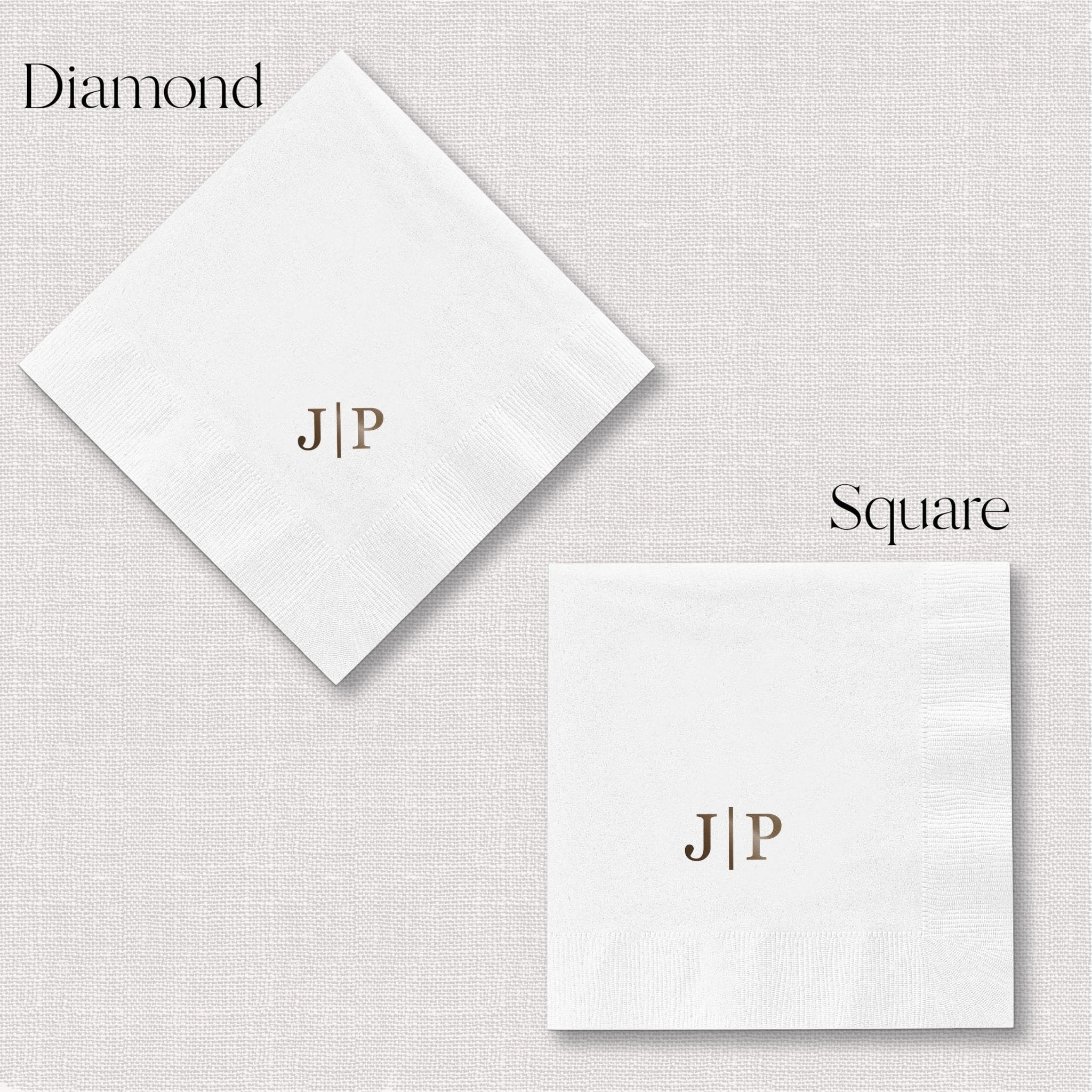 Two white foil-stamped napkins with monogram JIP, one rotated diamond shape and one square, on beige background.