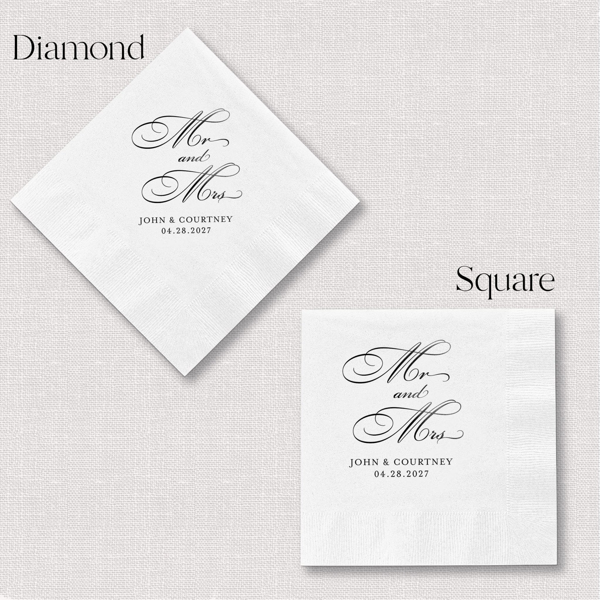 White napkins with Mr and Mrs script text and couple's names and wedding date, shown in diamond and square shapes