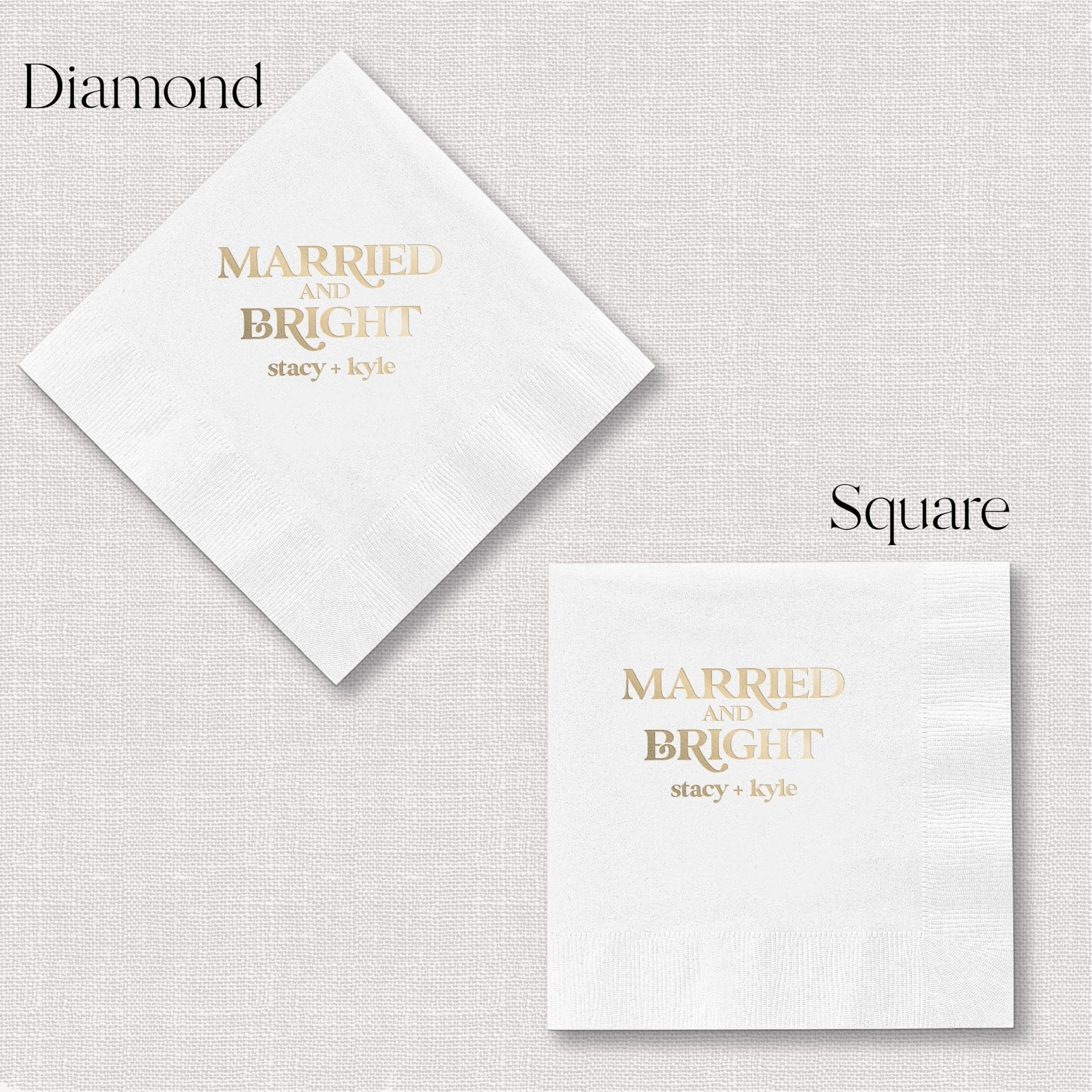 White cocktail napkins with diamond and square shapes, gold foil stamped "Married and Bright" text with personalized names below.