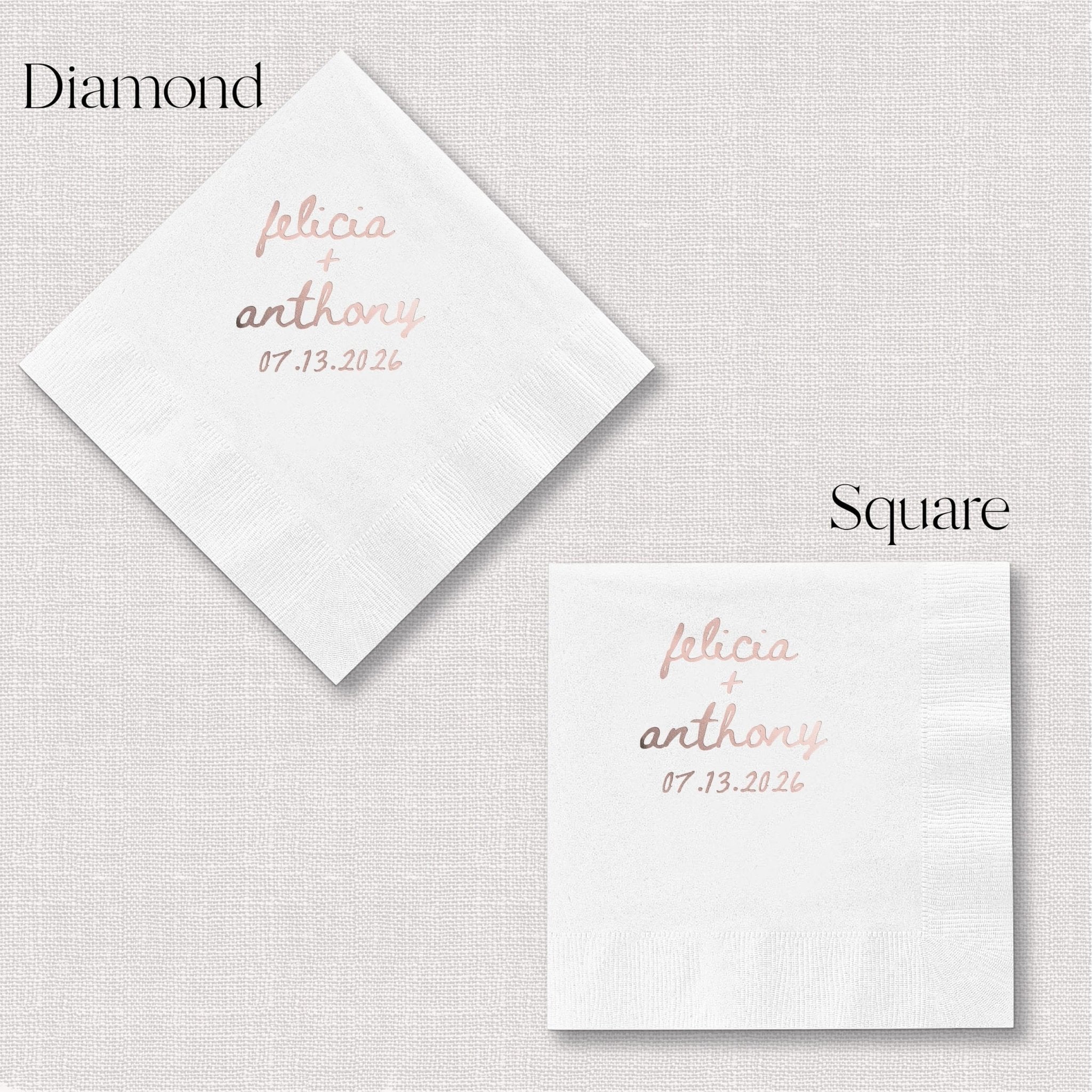 White cocktail napkins in diamond and square shapes with personalized names and date in rose gold foil stamping