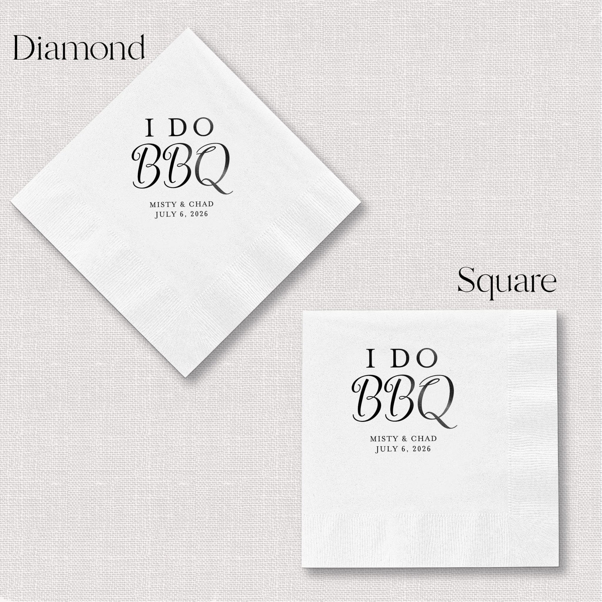 White napkins with "I Do BBQ" text and personalized names and date, shown in diamond and square shapes.