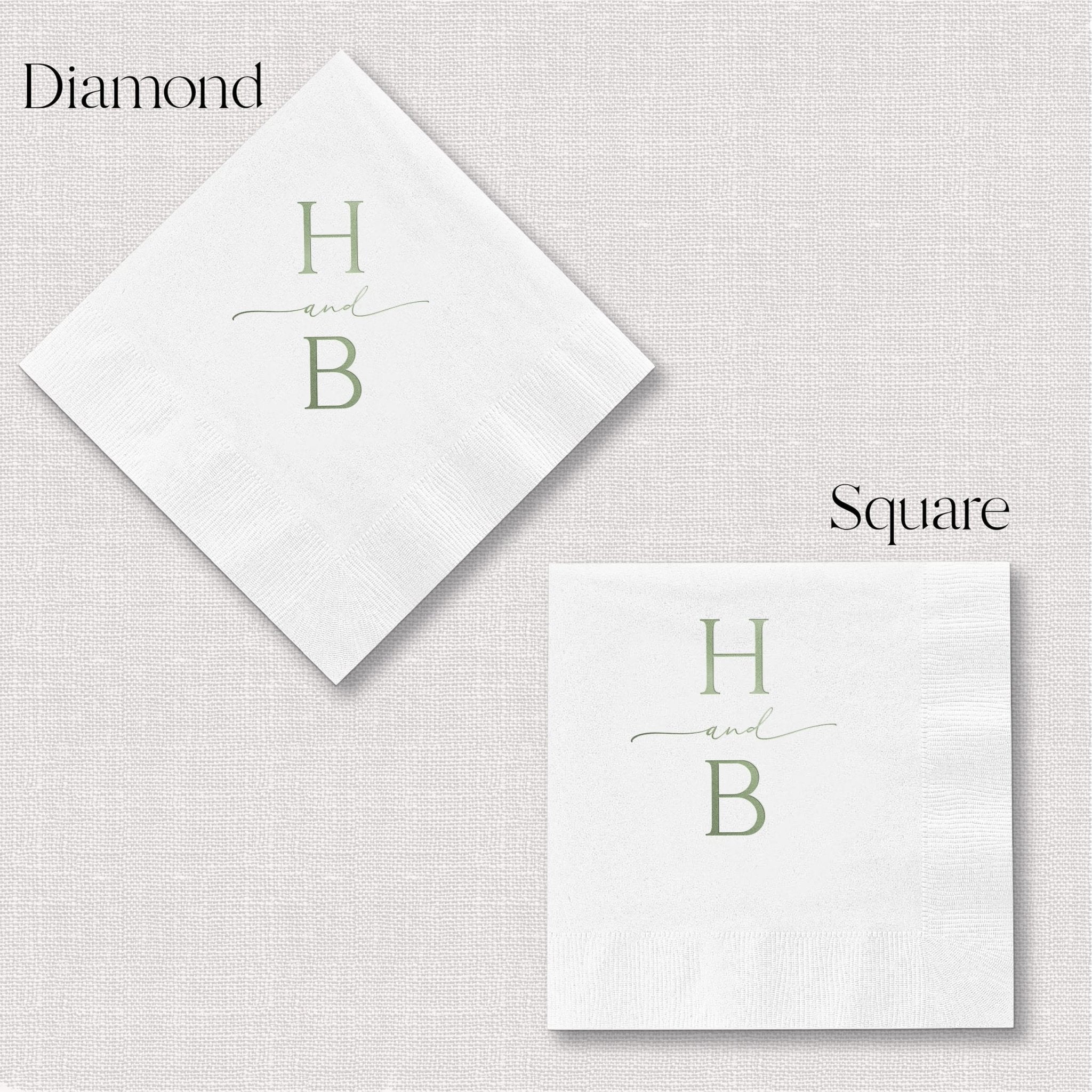 White napkins with personalized monogram initials H and B in sage green foil, shown in diamond and square folding styles.