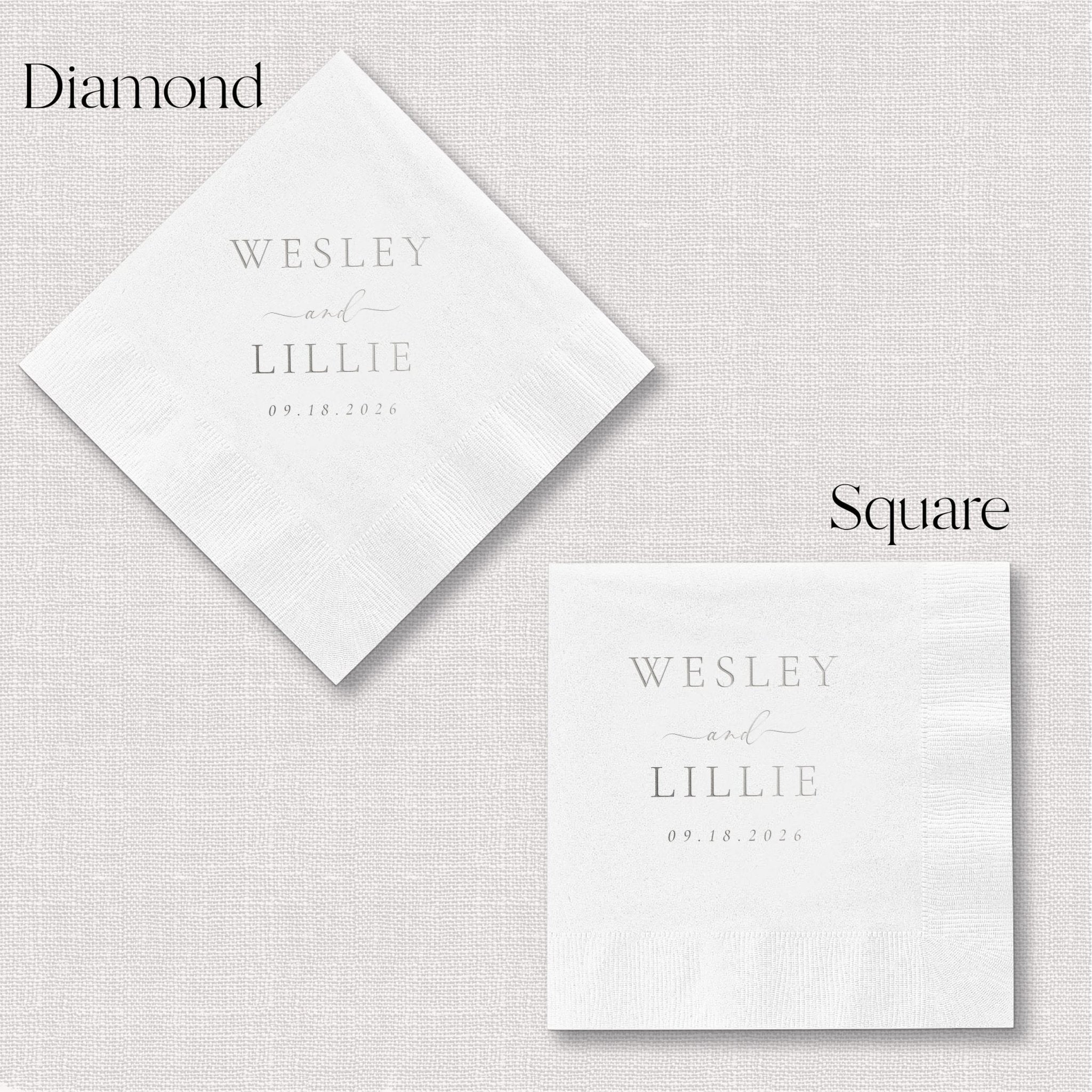 White foil-stamped napkins in diamond and square shapes personalized with "Wesley and Lillie" and wedding date.