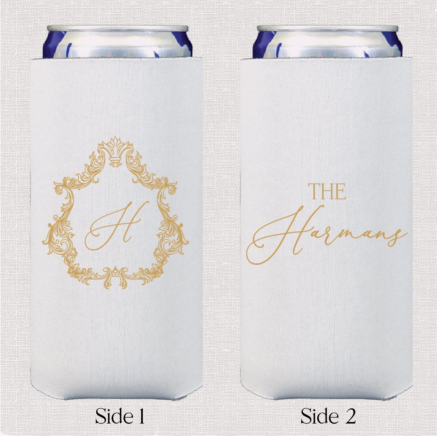 White slim can cooler with gold ornate crest monogram on front and "The Hermans" text on back