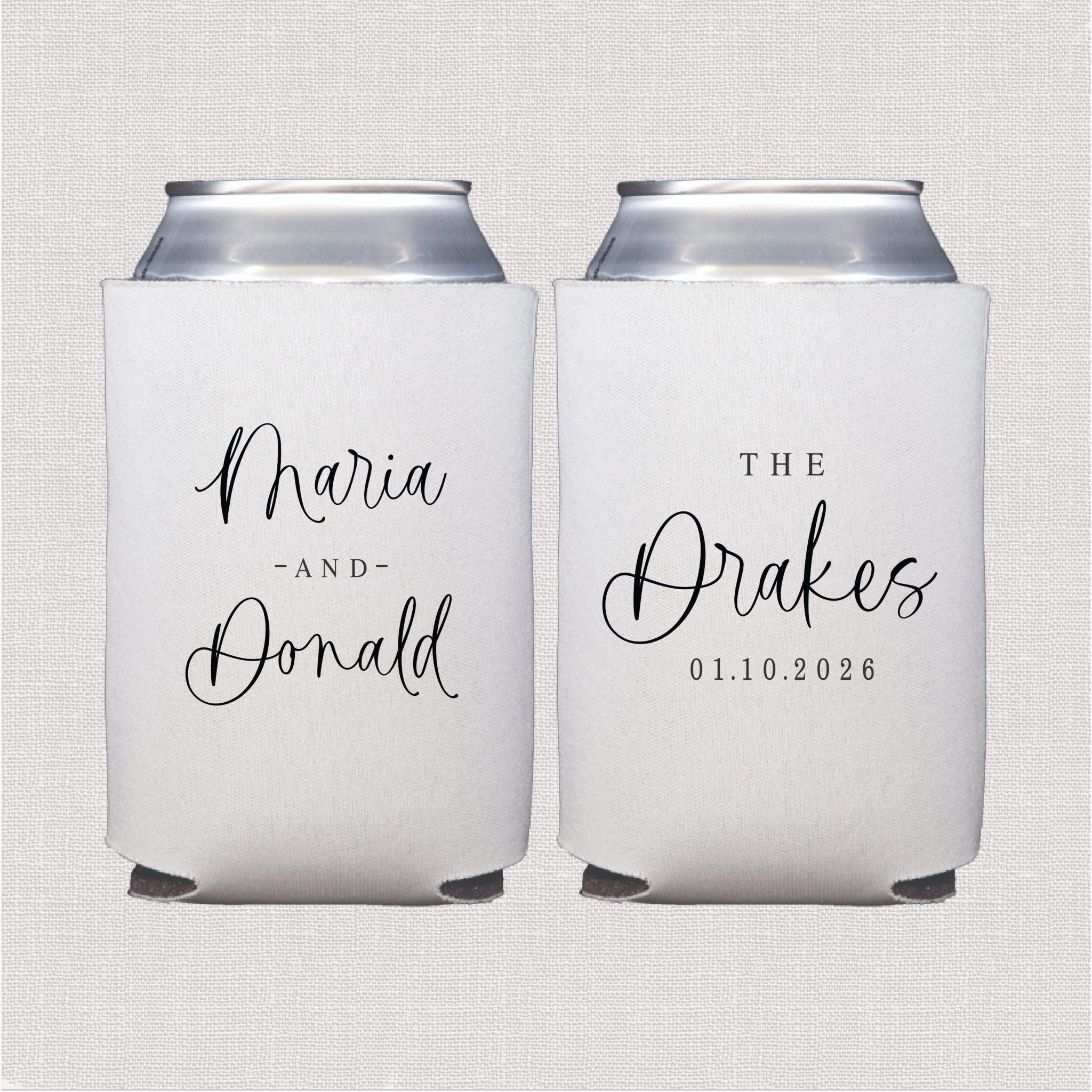 White can coolers with personalized wedding names Maria and Donald on front and The Drakes with date 01.10.2026 on back