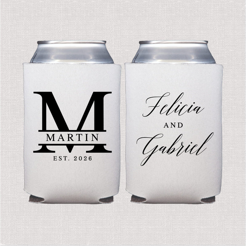 White can coolers with black monogram "M MARTIN EST. 2026" on one side and "Selena and Gabriel" script text on the other side.