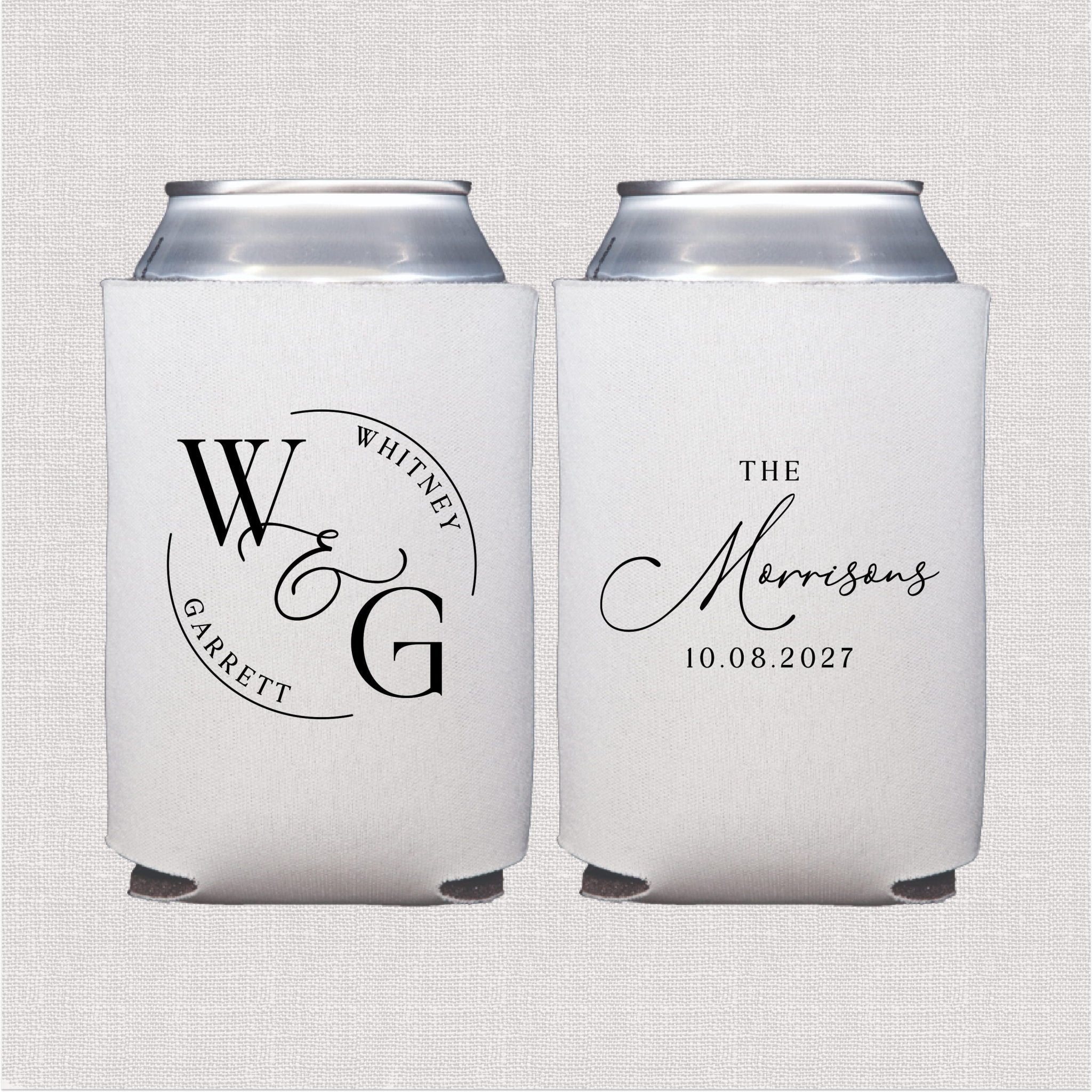 White can coolers with elegant monogram crest on front and personalized last name with wedding date on back