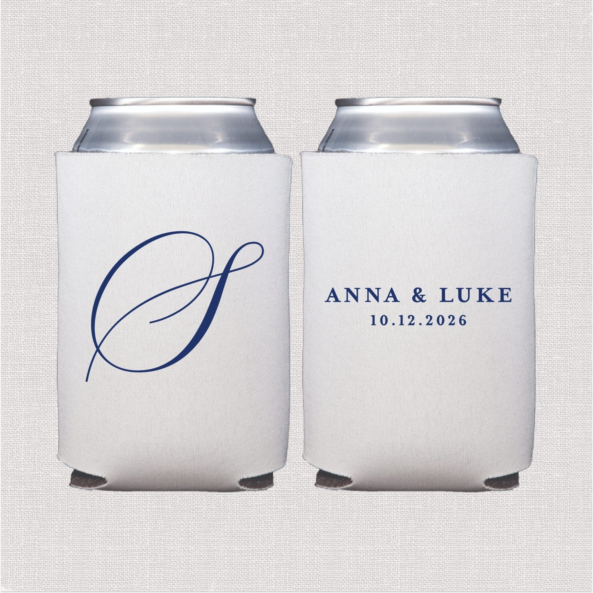 White can coolers with navy script monogram initial on front and couple names with wedding date on back