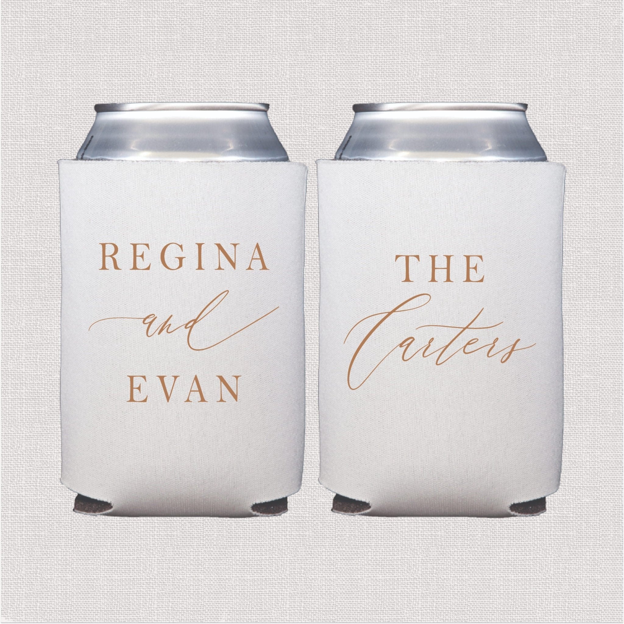 Pair of white neoprene can coolers with rose gold text reading "Regina and Evan" and "The Cutters" for a wedding favor.