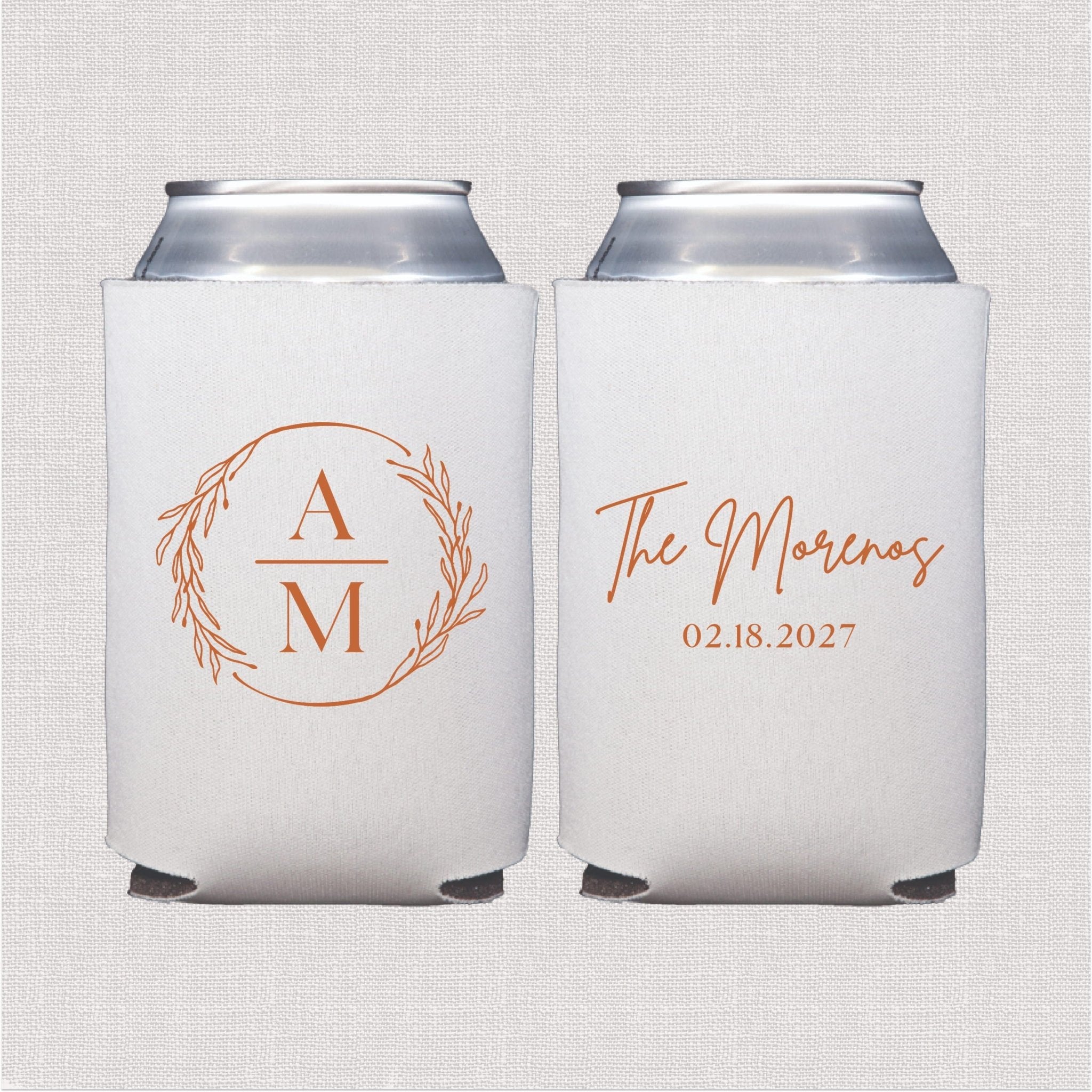 White can coolers with monogram wreath and "The Morenas 02.18.2027" in copper foil design