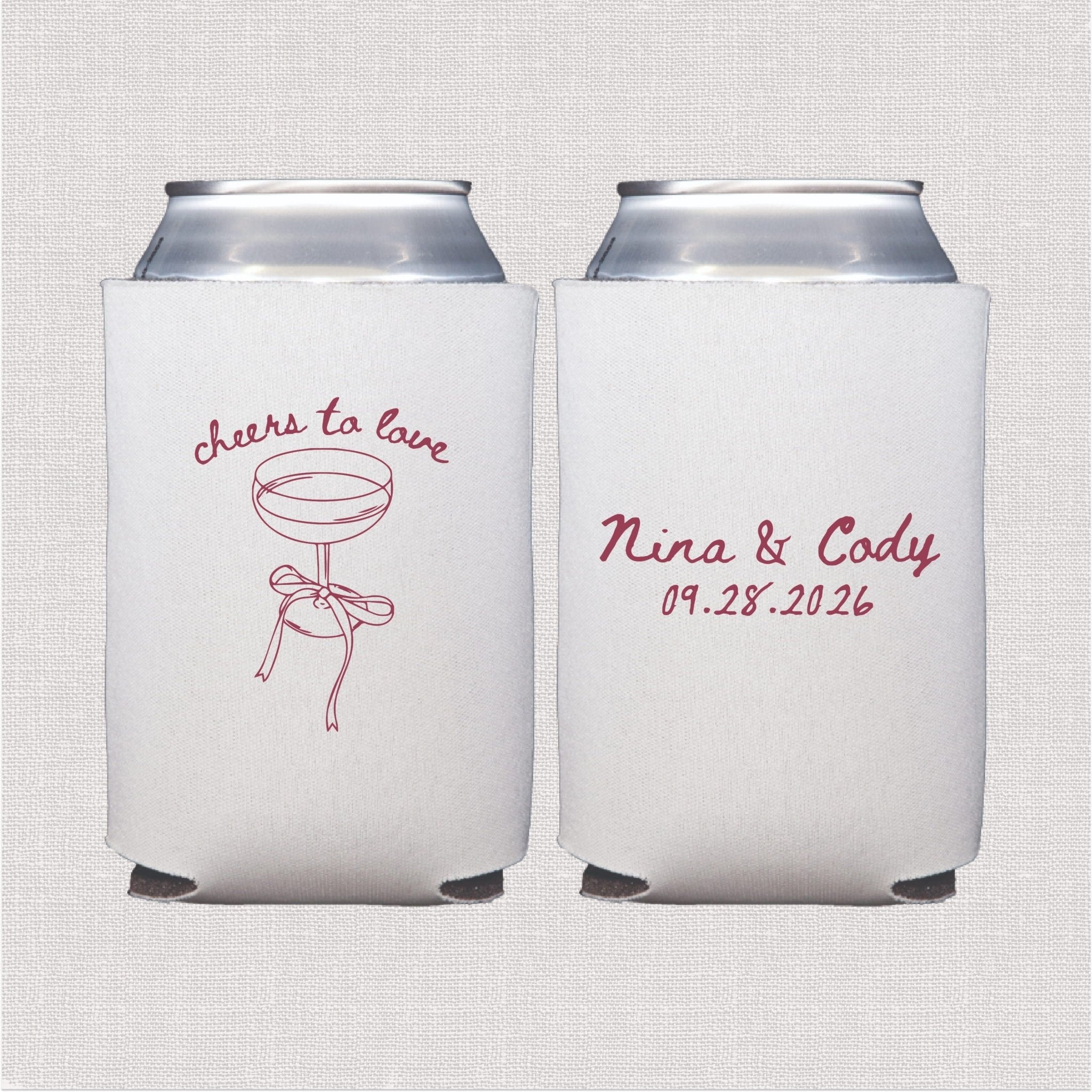 White can coolers with pink line art of a couple toasting and personalized names "Nina & Cody" with wedding date 09.28.2024
