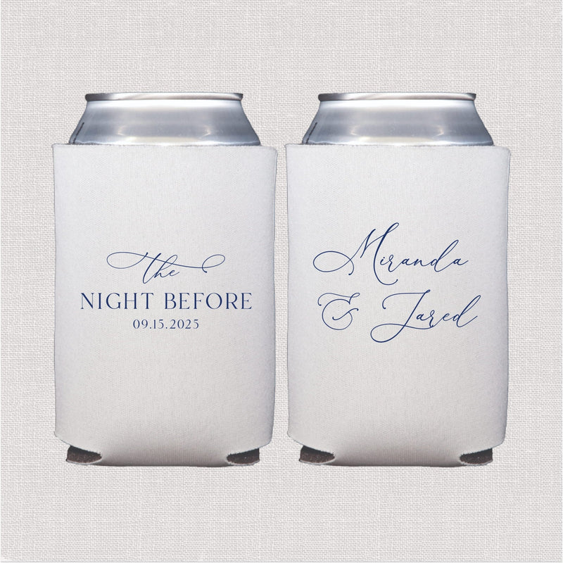 Two white neoprene can coolers with navy script text, one reading "The Night Before 09.15.2023" and the other "Alanda & Jared"