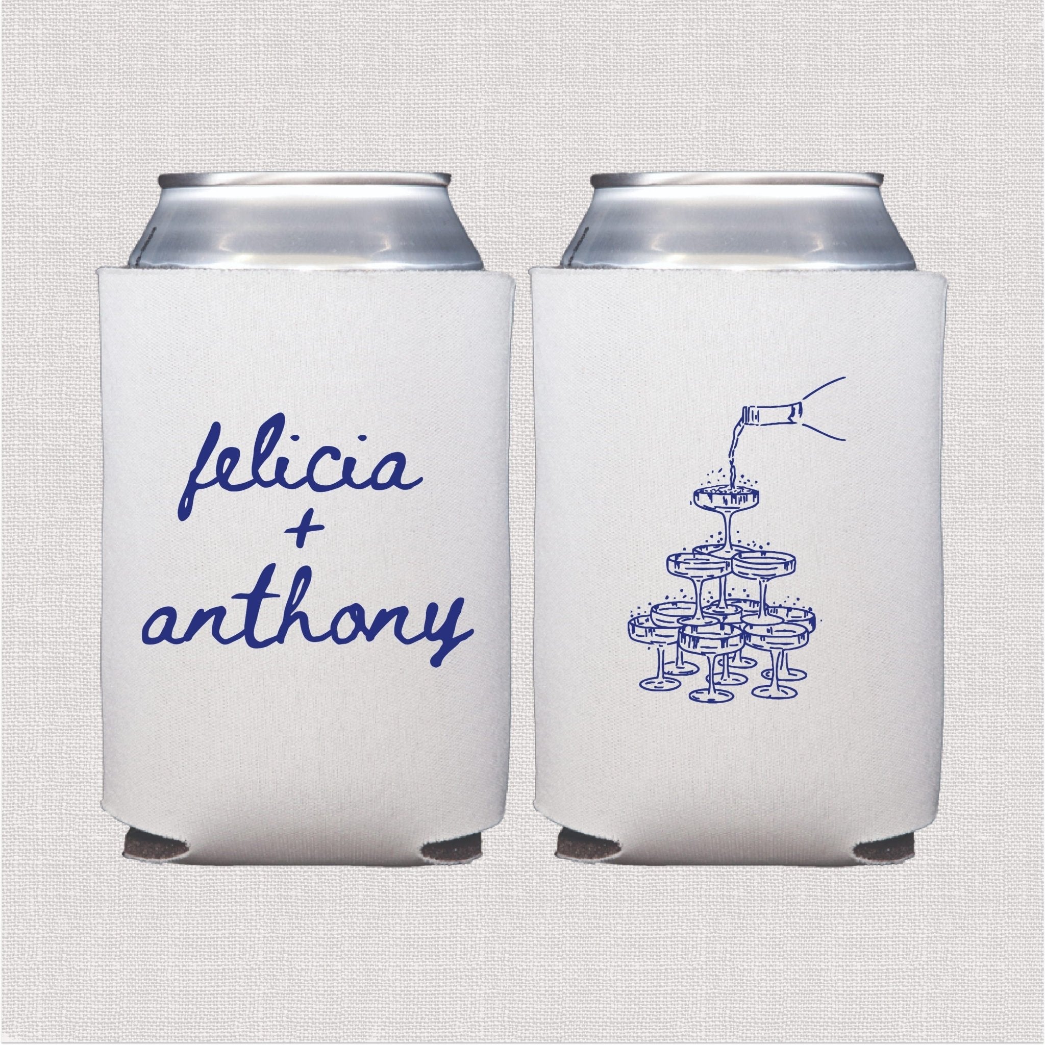 White foam can coolers with blue script names "felicia + anthony" and champagne tower design printed on front and back