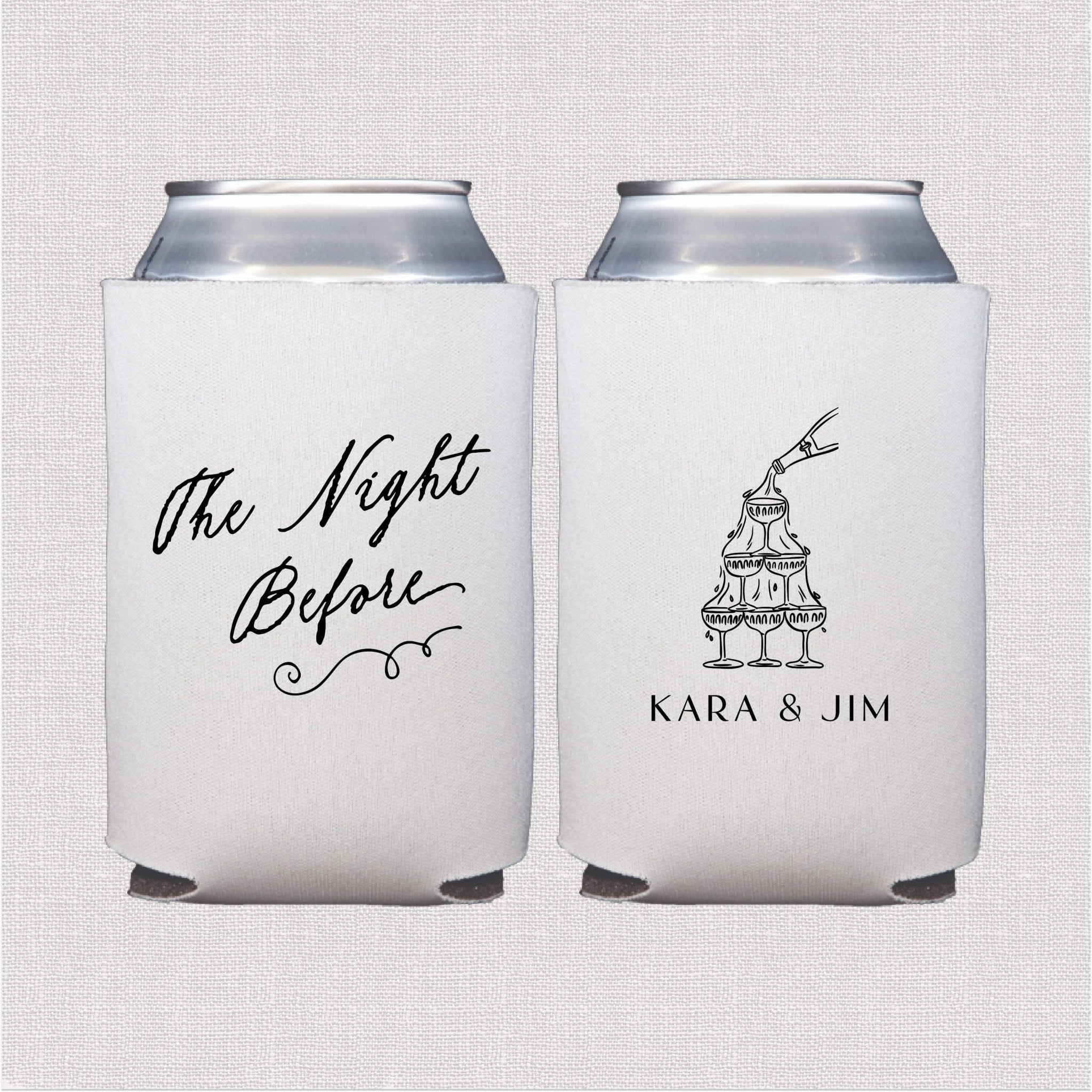 White can coolers with "The Night Before" script text and tiered cake design with personalized names Kara & Jim