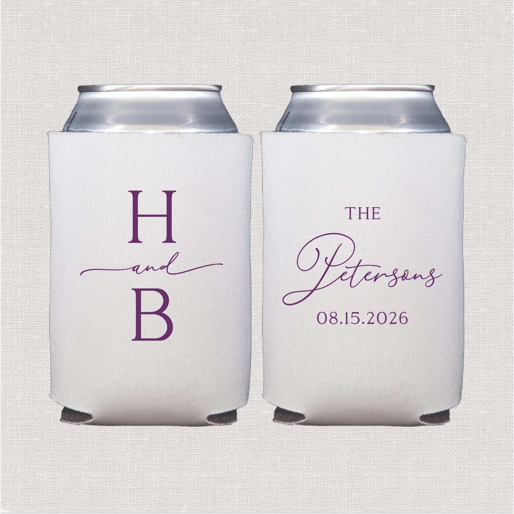 White can coolers with purple text showing initials "H and B" on front and "The Petersons 08.15.2026" on back