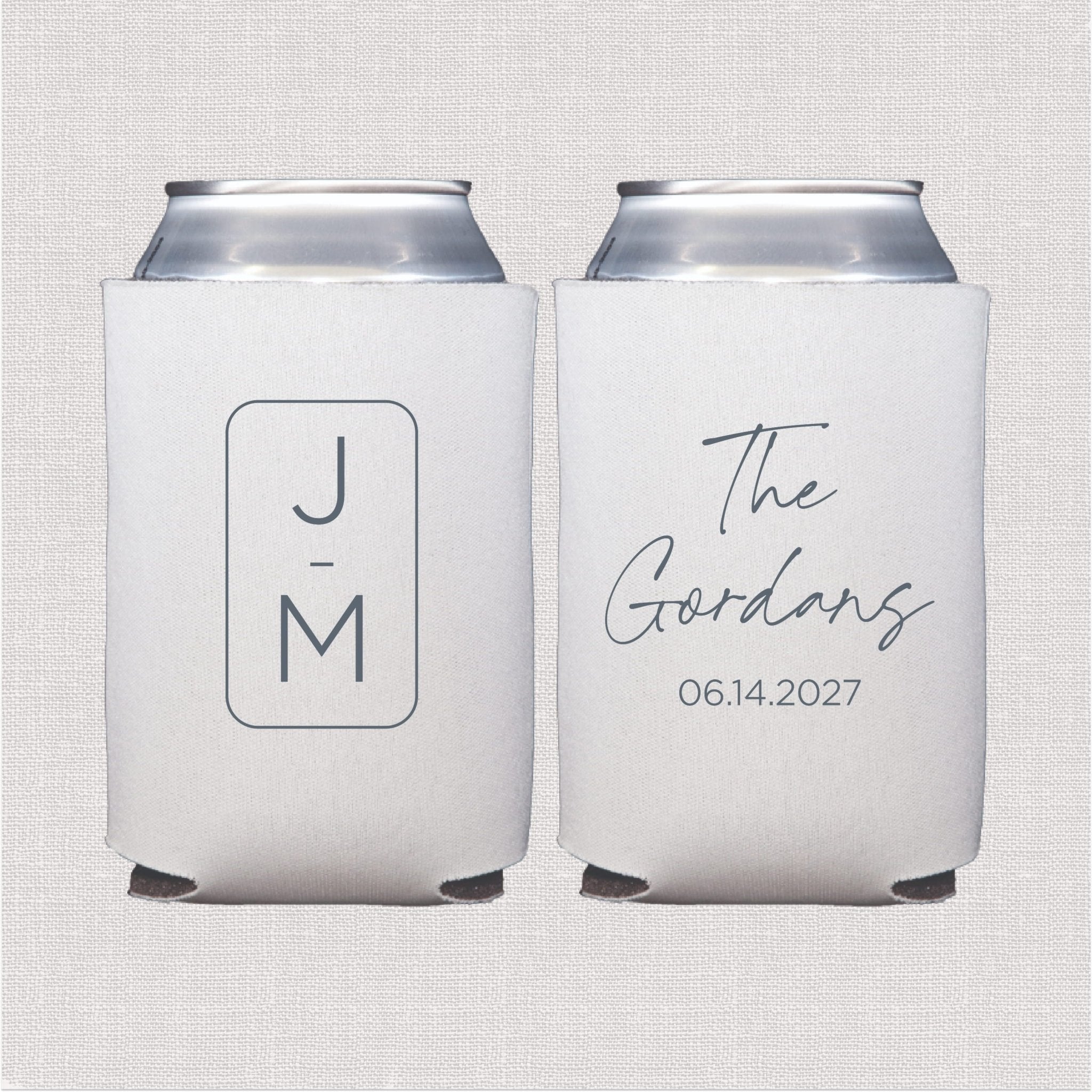 White can coolers with initials "J M" and "The Gordons 06.14.2027" printed in gray script, shown front and back.