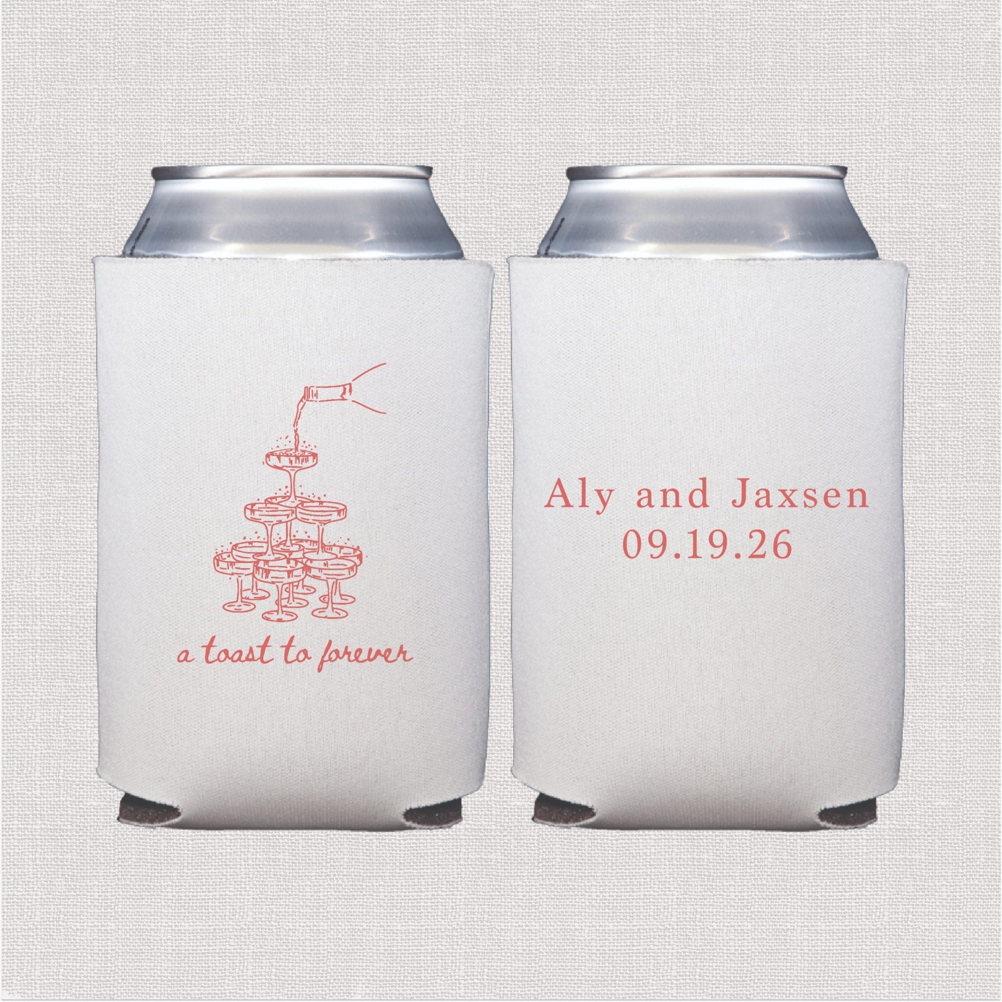 White can coolers with pink champagne toast design and personalized names "Aly and Jaxsen 09.19.26" printed on front and back