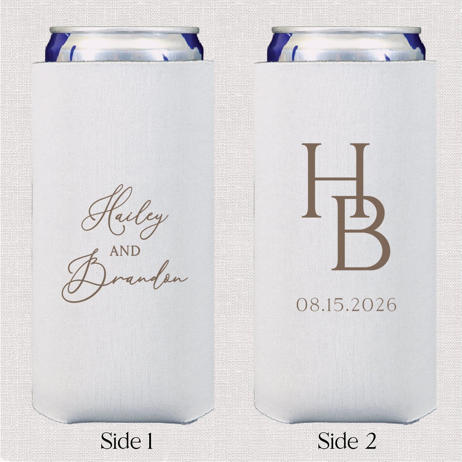 White can cooler with "Harley and Branden" script on one side and "HB 08.15.2026" monogram on reverse, navy blue top trim