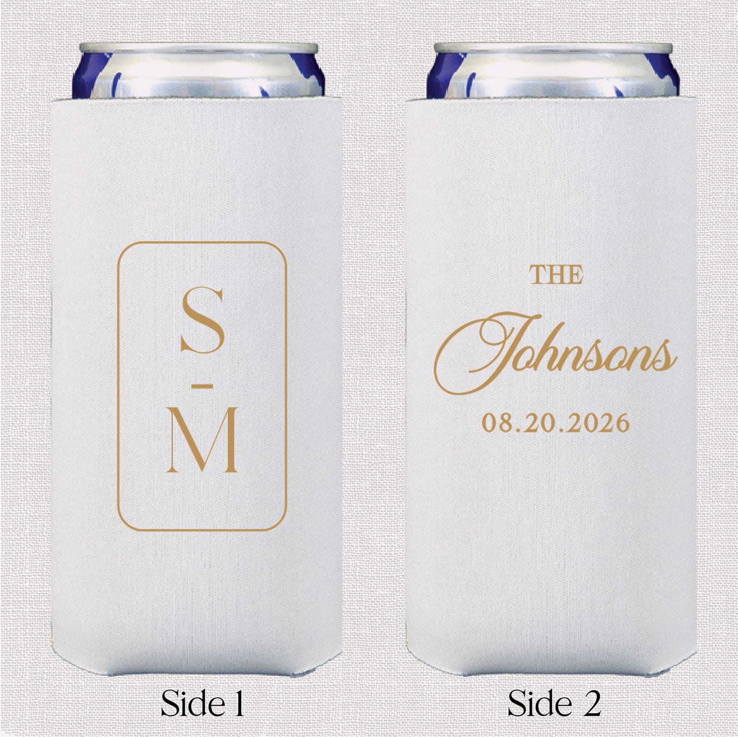 White slim can coolers with gold monogram "S-M" on one side and "The Johnsons 08.20.2026" on the reverse, shown front and back.