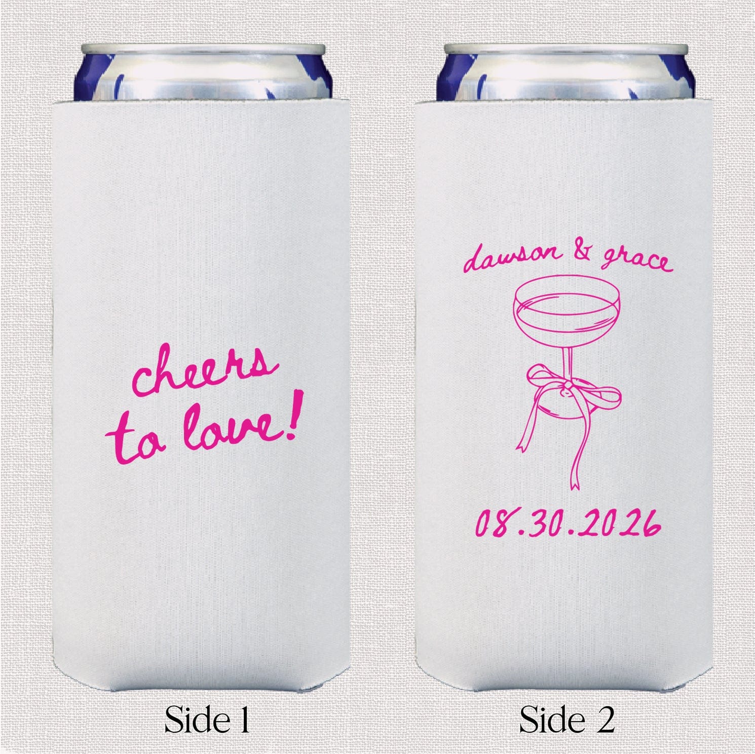 White slim can coolers with pink text reading "cheers to love!" on front and couple illustration with names and wedding date on back.