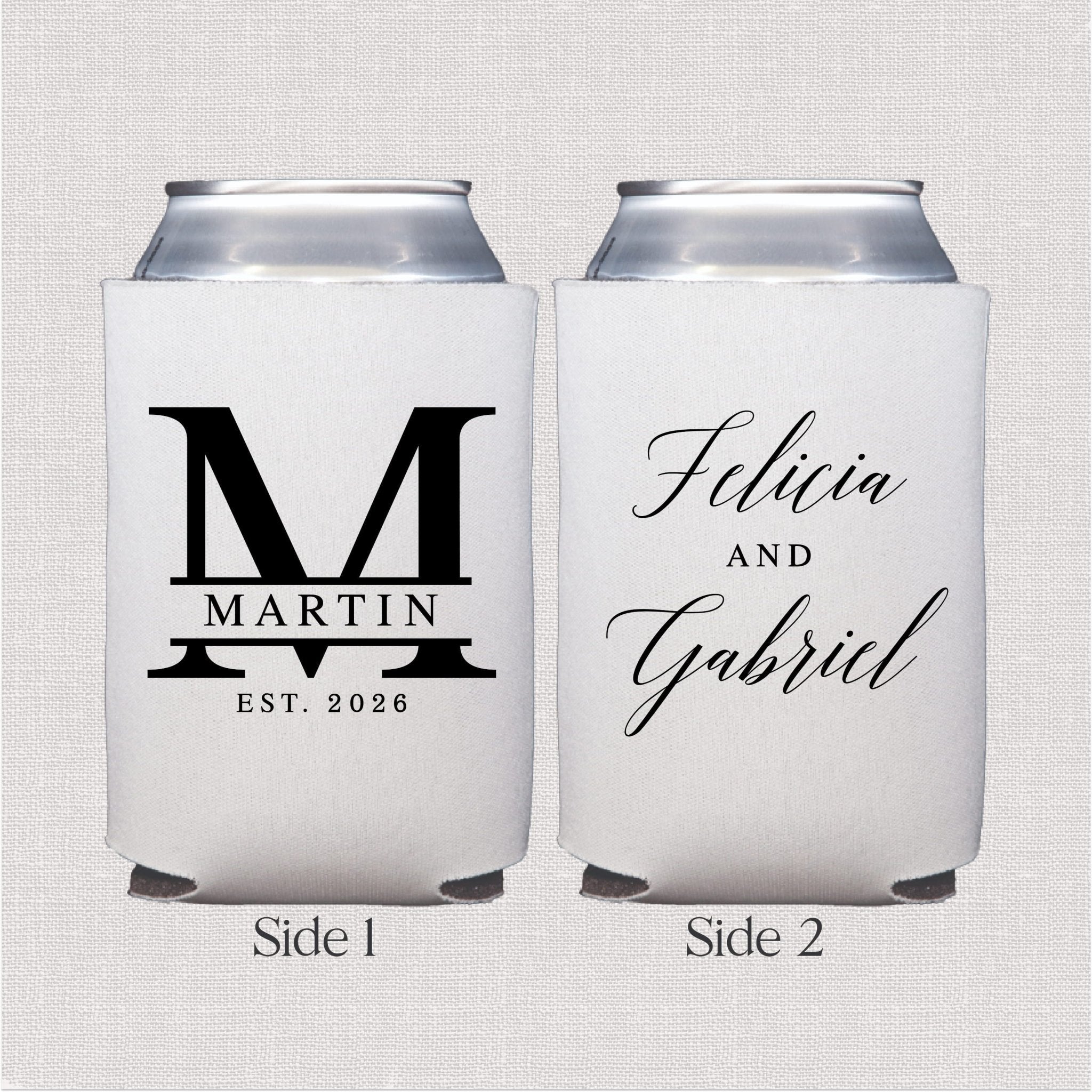 White can cooler with monogram M, last name Martin and EST 2026 on one side, couple names Selina and Gabriel on reverse side