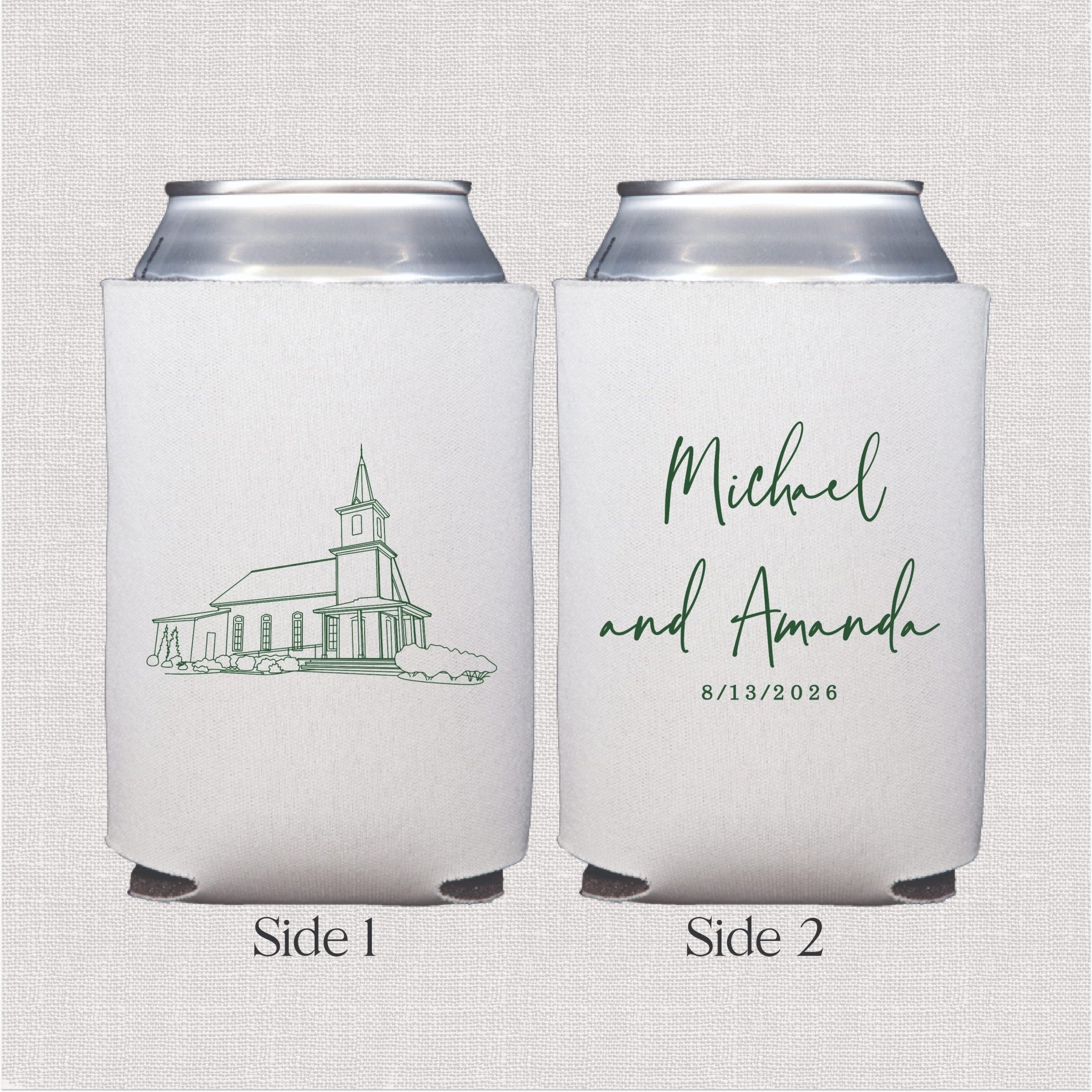 Two white neoprene can coolers featuring a green church illustration on one side and personalized names "Michael and Amanda" with date 8/13/2036 on the reverse.