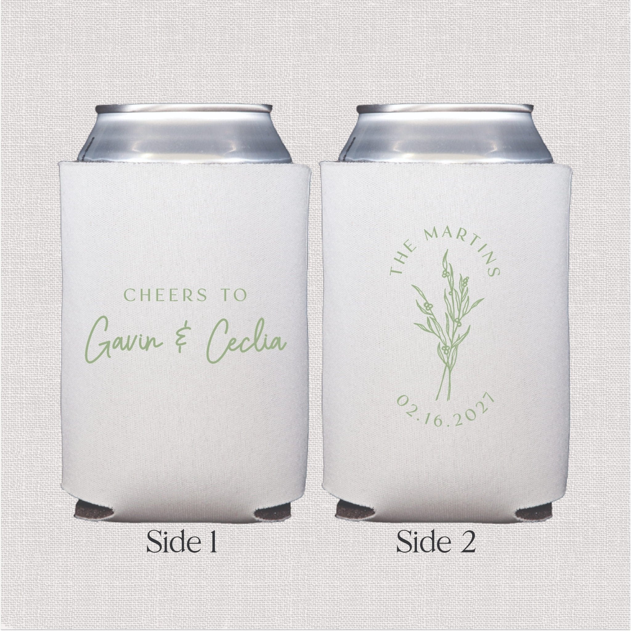 White can coolers with personalized text "Cheers to Gavin & Cecilia" on front and "The Martins" with botanical design on back, shown front and back views.