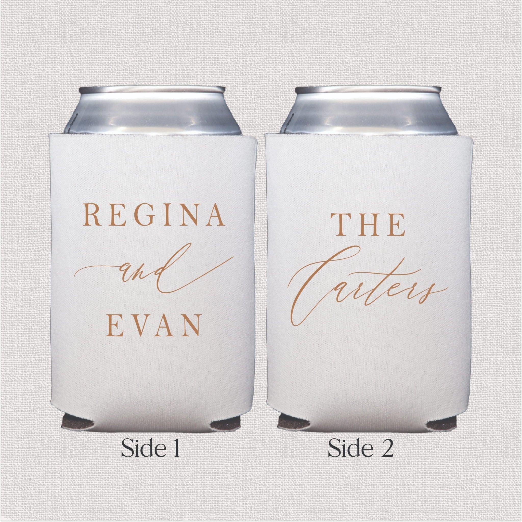 White can coolers with rose gold text reading "Regina and Evan" on one side and "The Cutlers" on the other side, shown front and back.