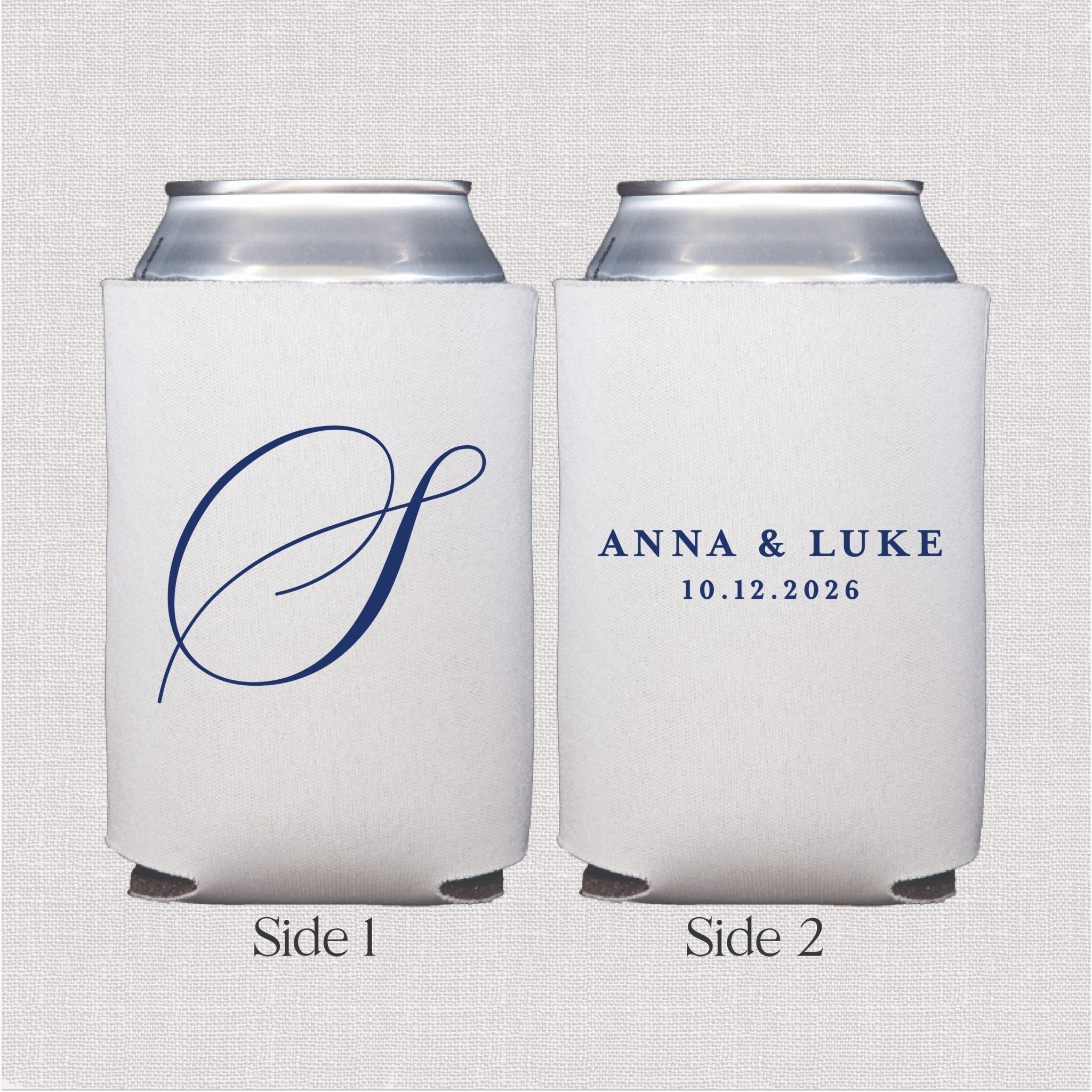 White can coolers with navy script monogram initial on front and couples names with wedding date on back