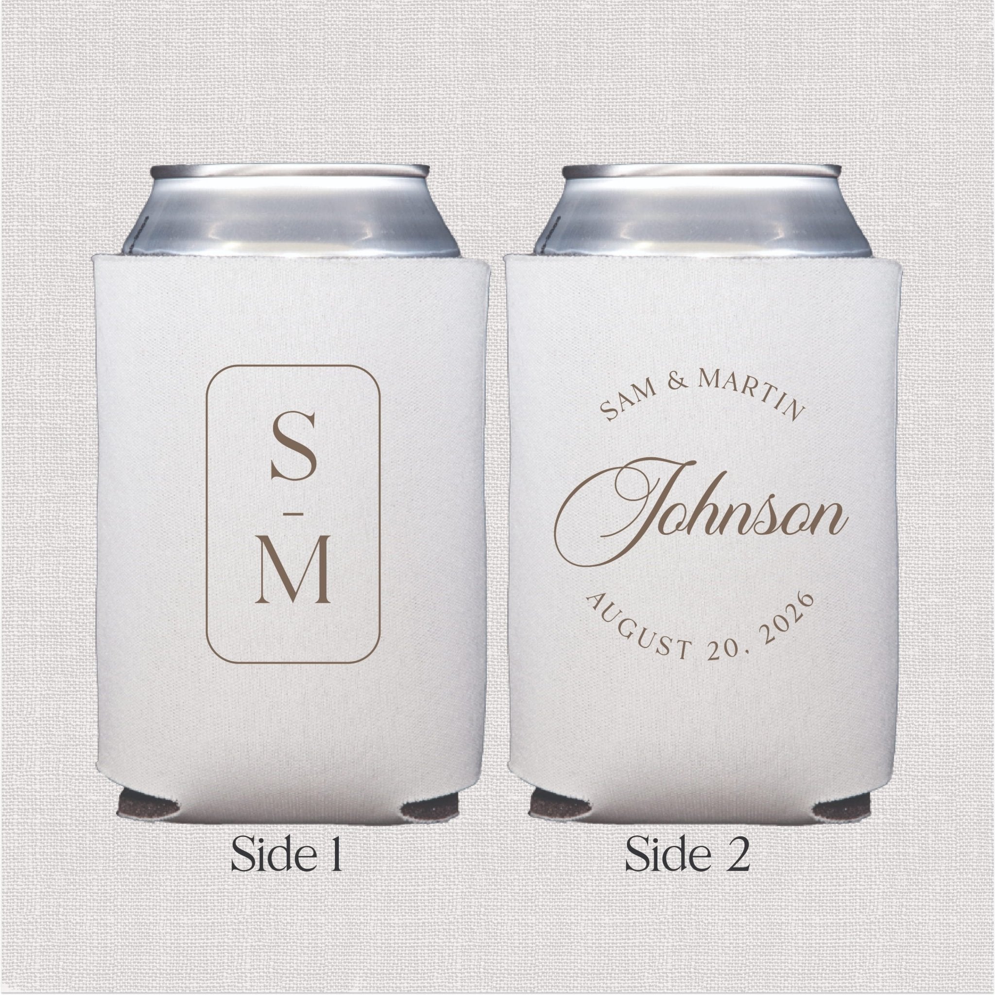 Two white can coolers showing front and back sides with monogram initials and couple's names with wedding date personalization.