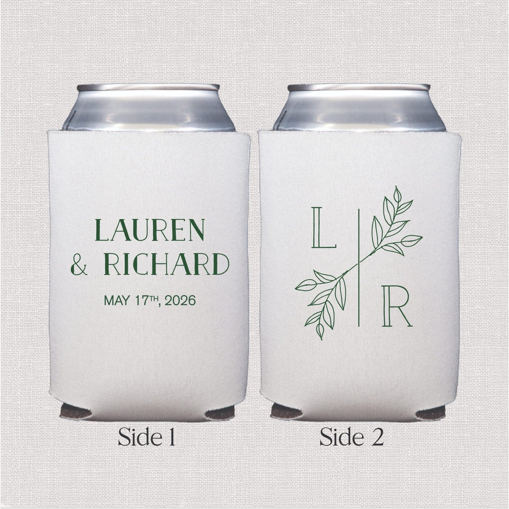 Two white neoprene can coolers with sage green text showing "Lauren & Richard May 17th 2026" on one side and monogram "L & R" with botanical leaf design on the reverse.