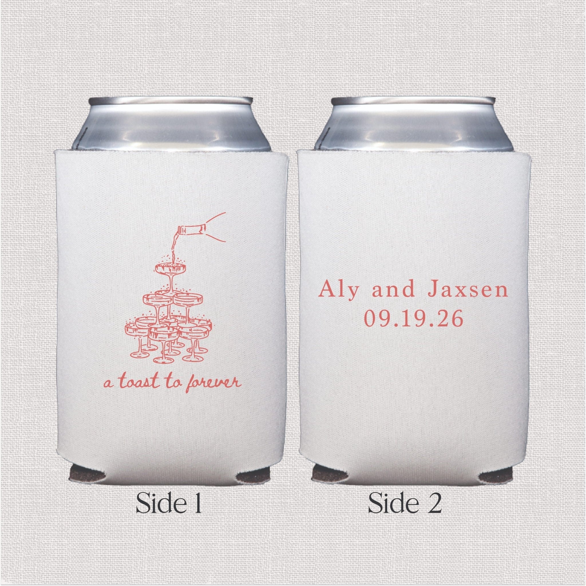 White can coolers with pink champagne design and personalized names "Aly and Jaxsen 09.19.26" printed on front and back