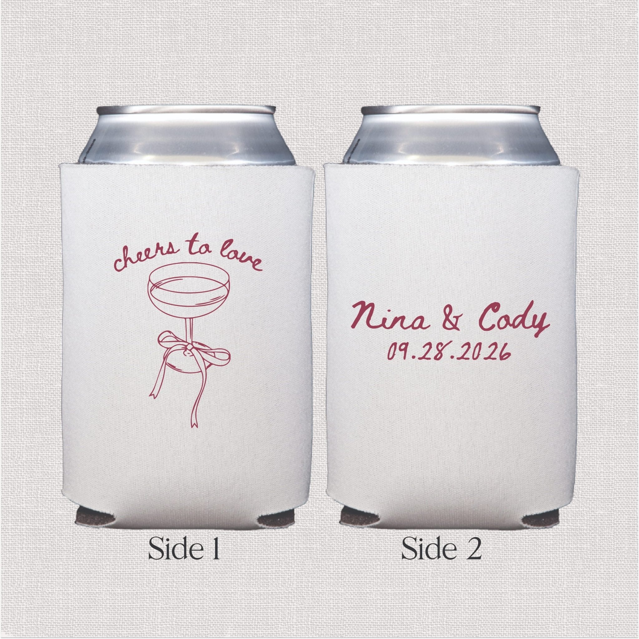 White can coolers showing both sides: front with "cheers to love" text and bride illustration in pink, back with names "Nina & Cody" and date "09.28.2024"