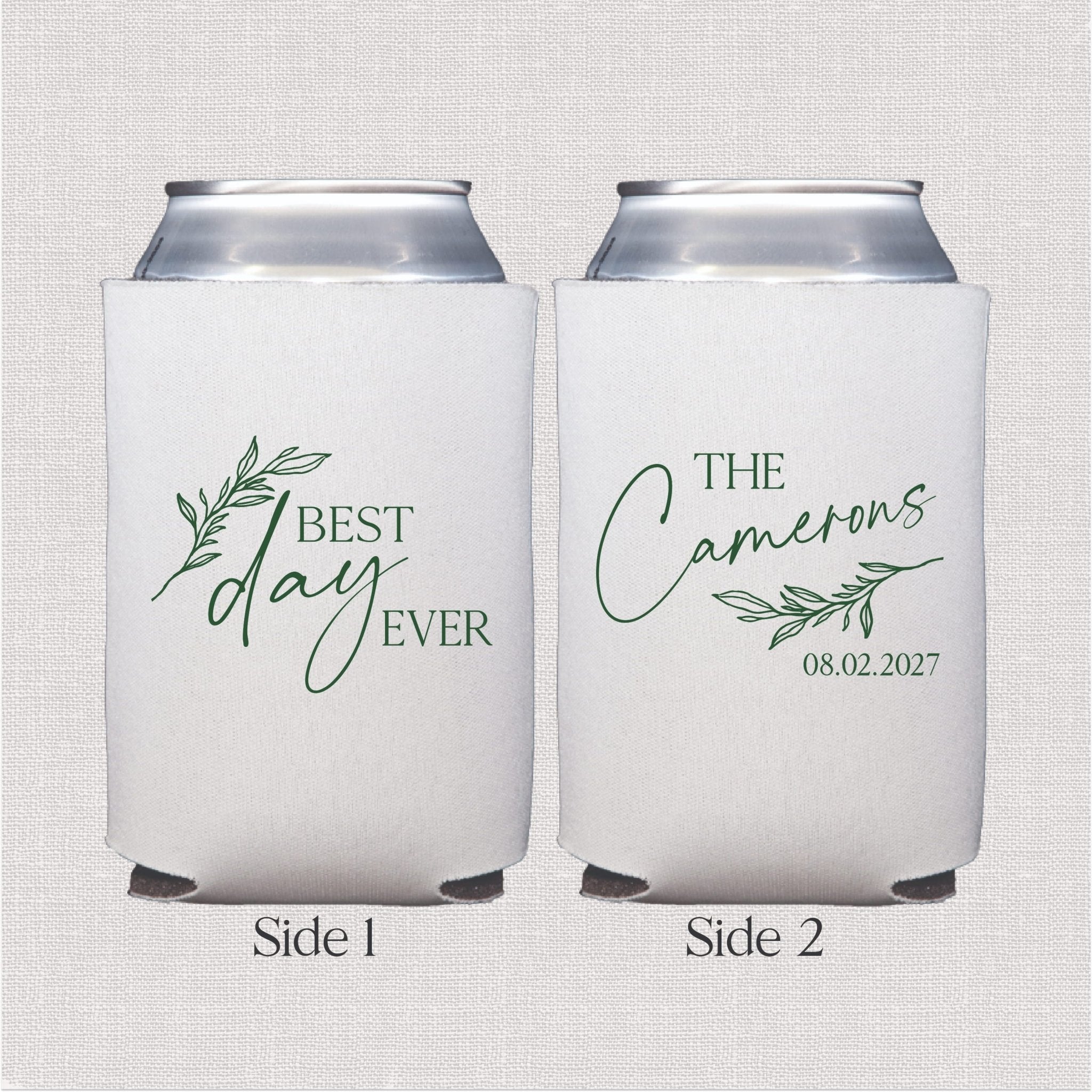 White can coolers with greenery designs; one side reads "Best day ever" and the other "The Camerons 08.02.2027" in script lettering.