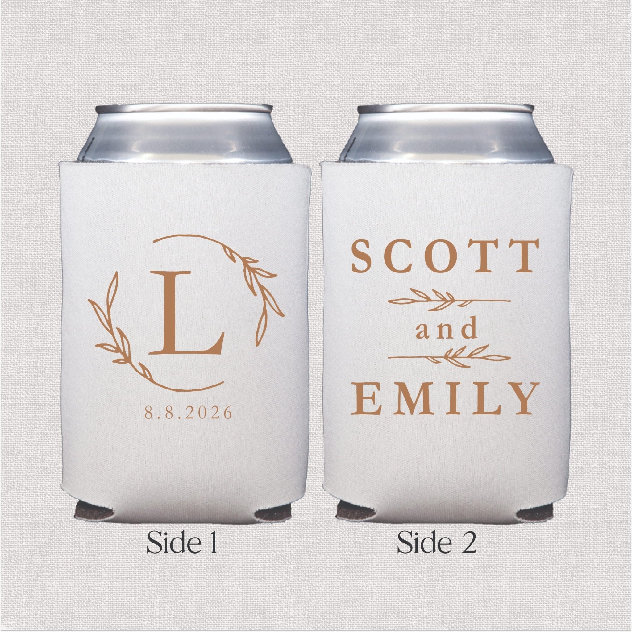 White can coolers with gold wreath monogram on front and personalized names "Scott and Emily" with date 8.8.2026 on back