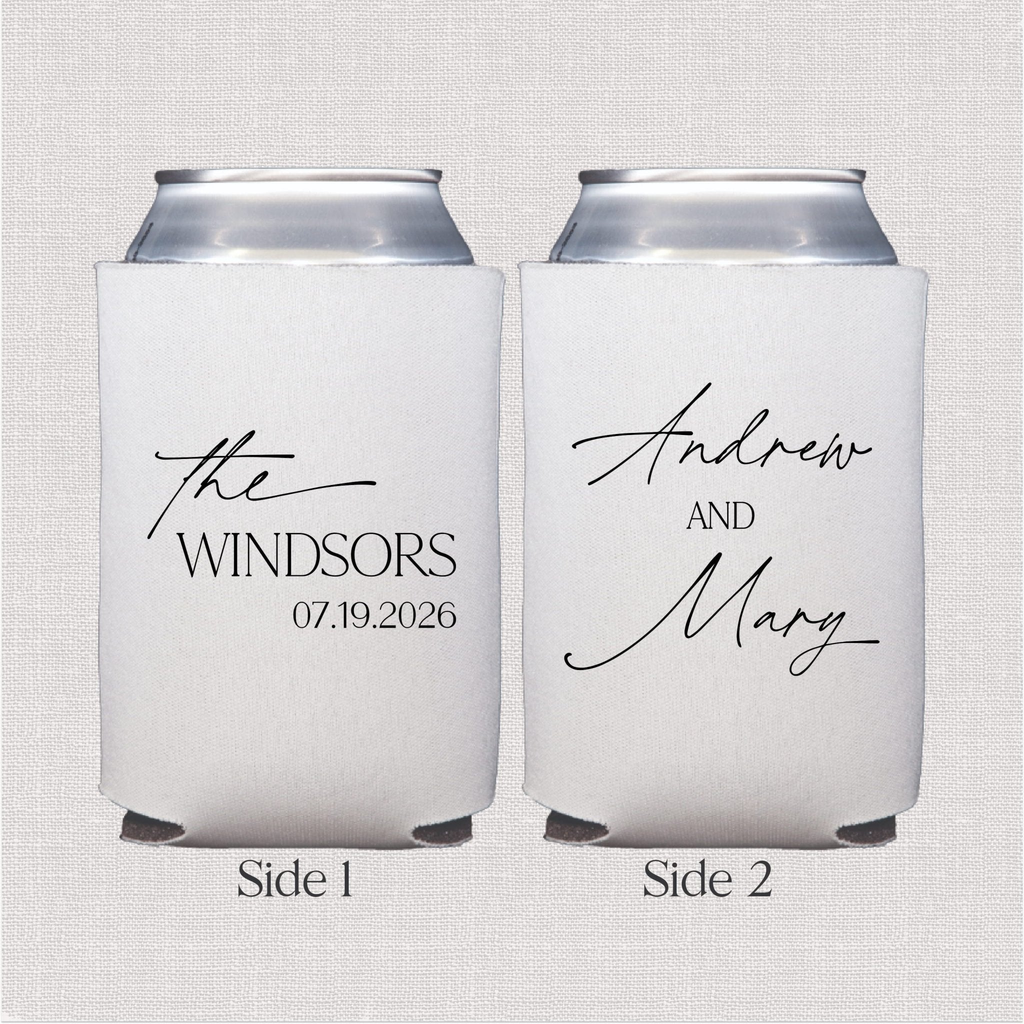 White can coolers with gray lettering showing "the Windsors 07.19.2026" on one side and "Andrew and Mary" on the other side