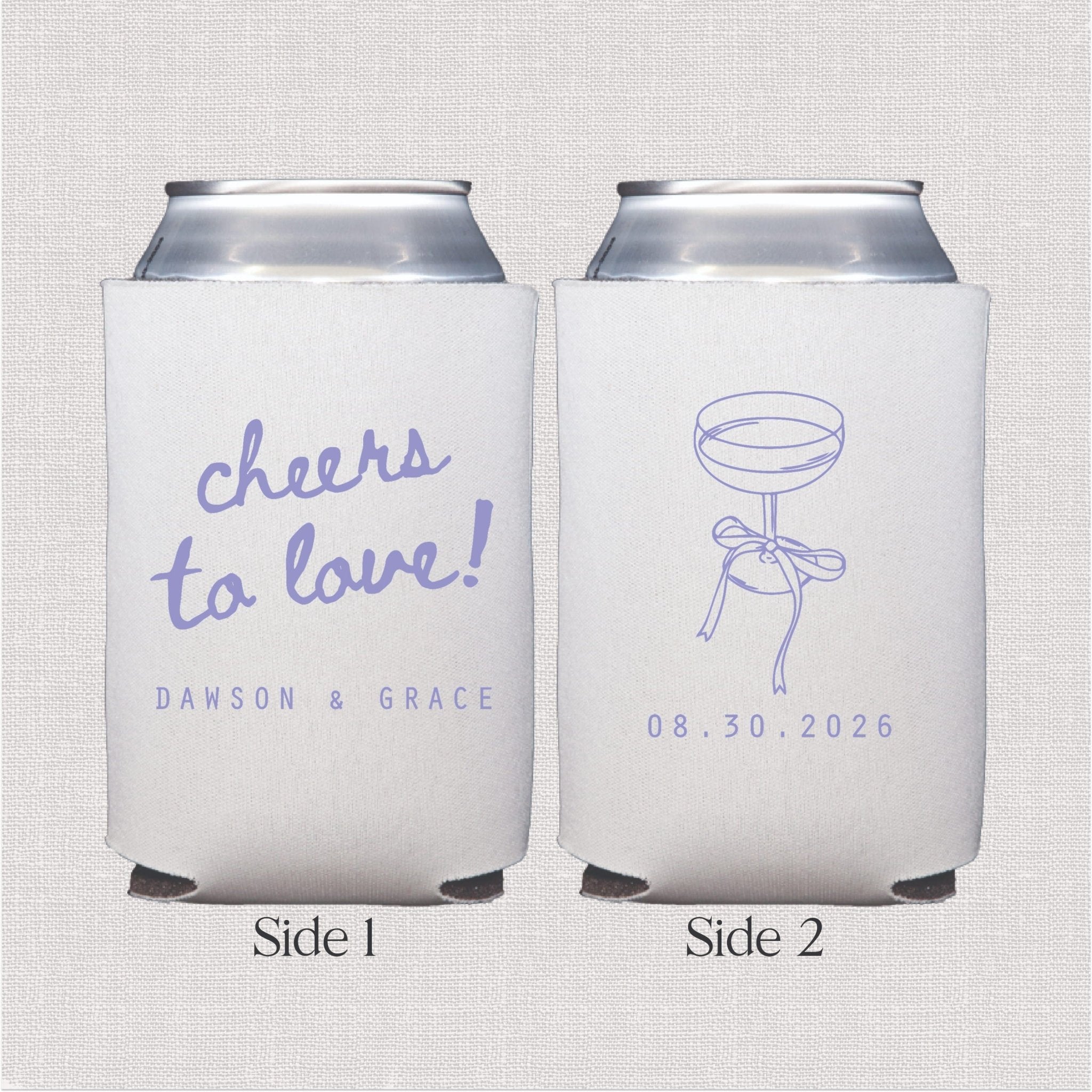 White can coolers with purple script "cheers to love" text and wedding date, martini glass design on reverse side