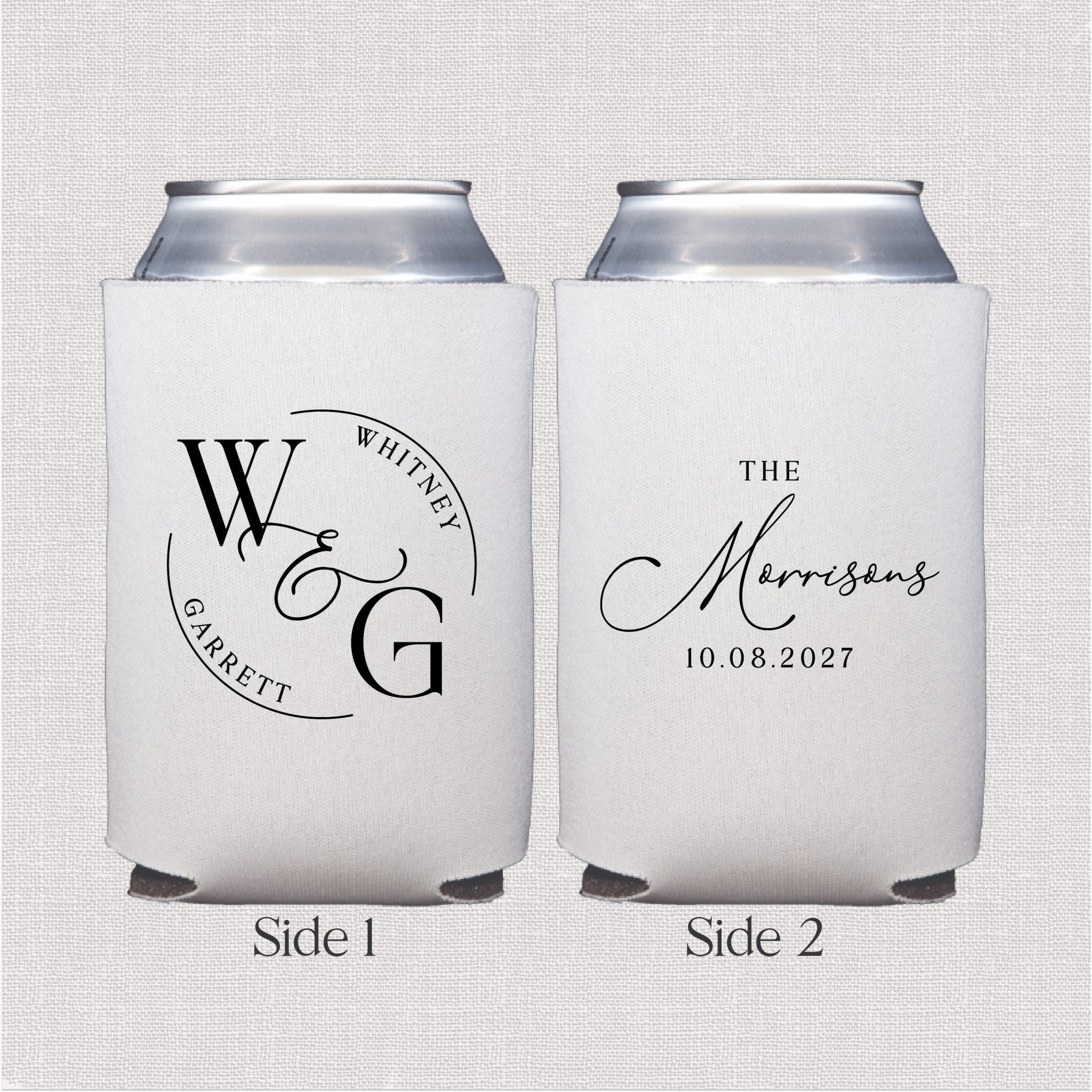 White can coolers showing front and back designs: monogram crest with initials WCG and wedding date on reverse side personalized with last name.