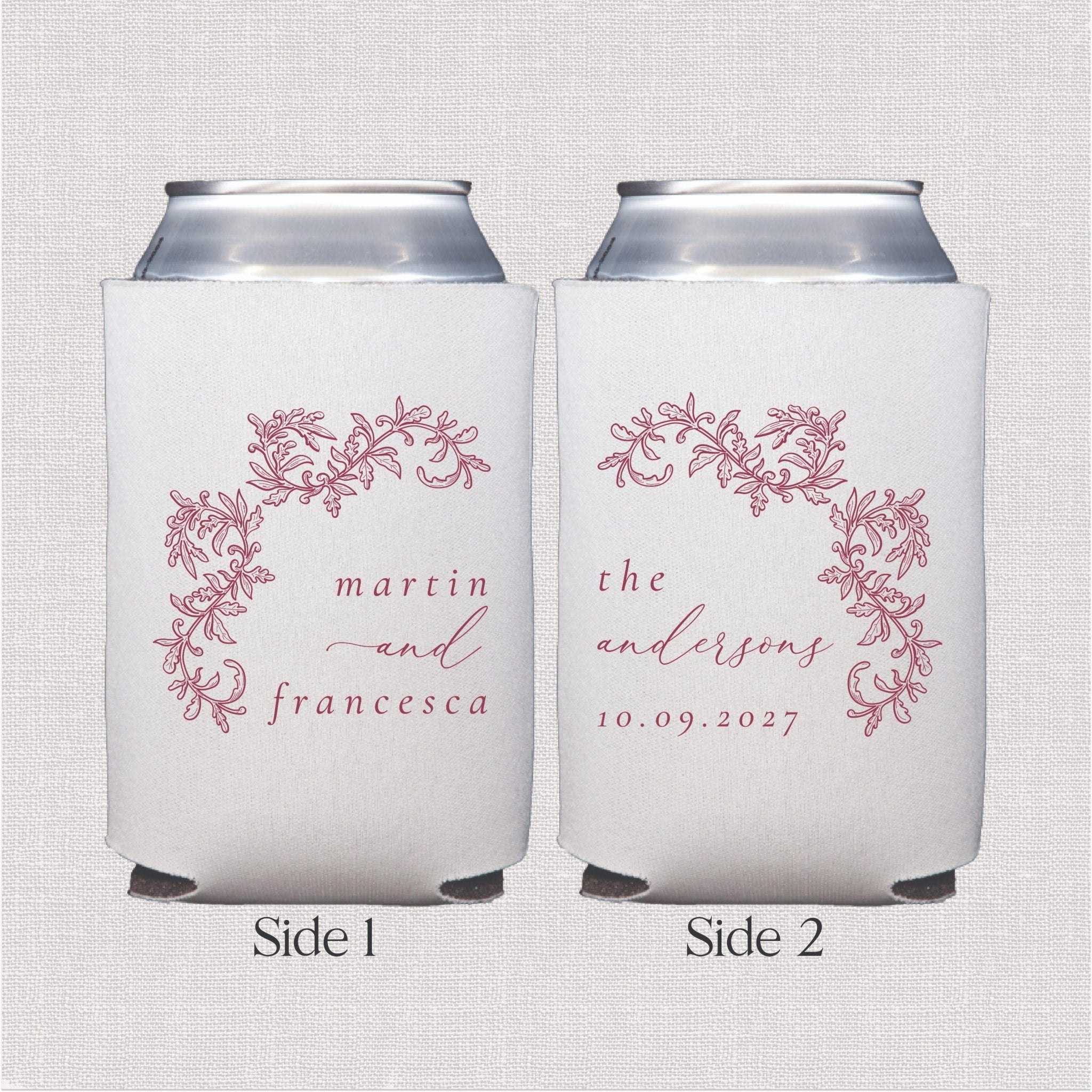 White neoprene can coolers with pink botanical floral design and personalized wedding names and date on both sides.