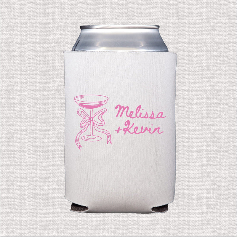 White can cooler with pink hourglass and script wedding text design