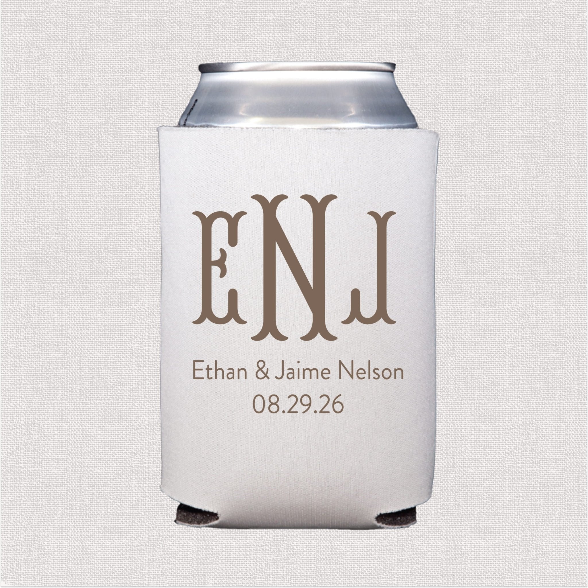 White can cooler with taupe monogram and personalized wedding text design