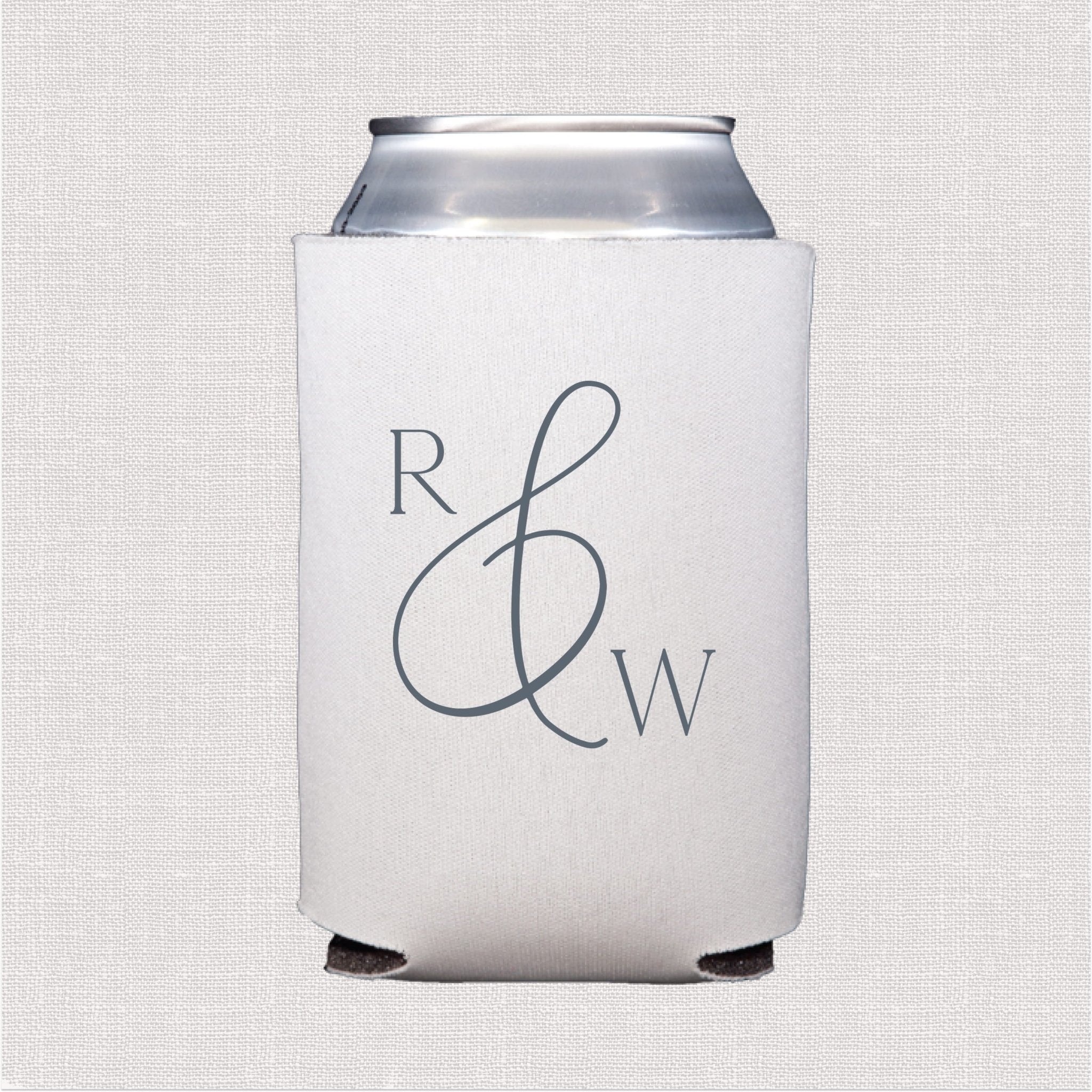 White can cooler with elegant script monogram design in gray ink