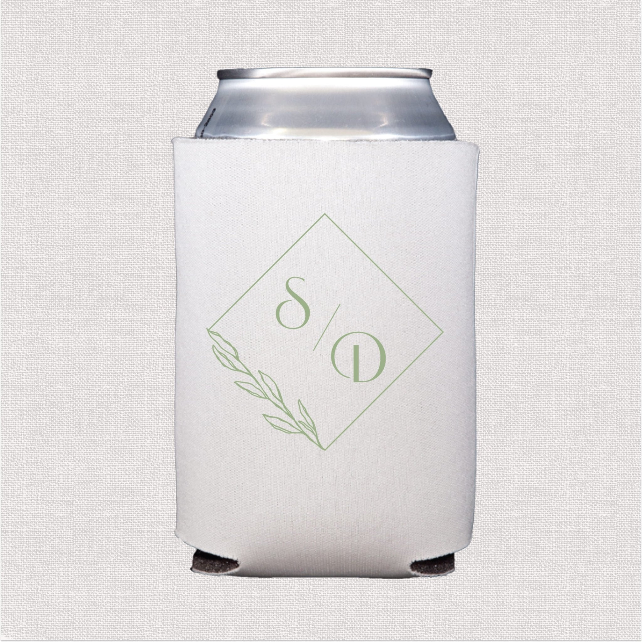 White can cooler with sage green monogram diamond and botanical leaf design