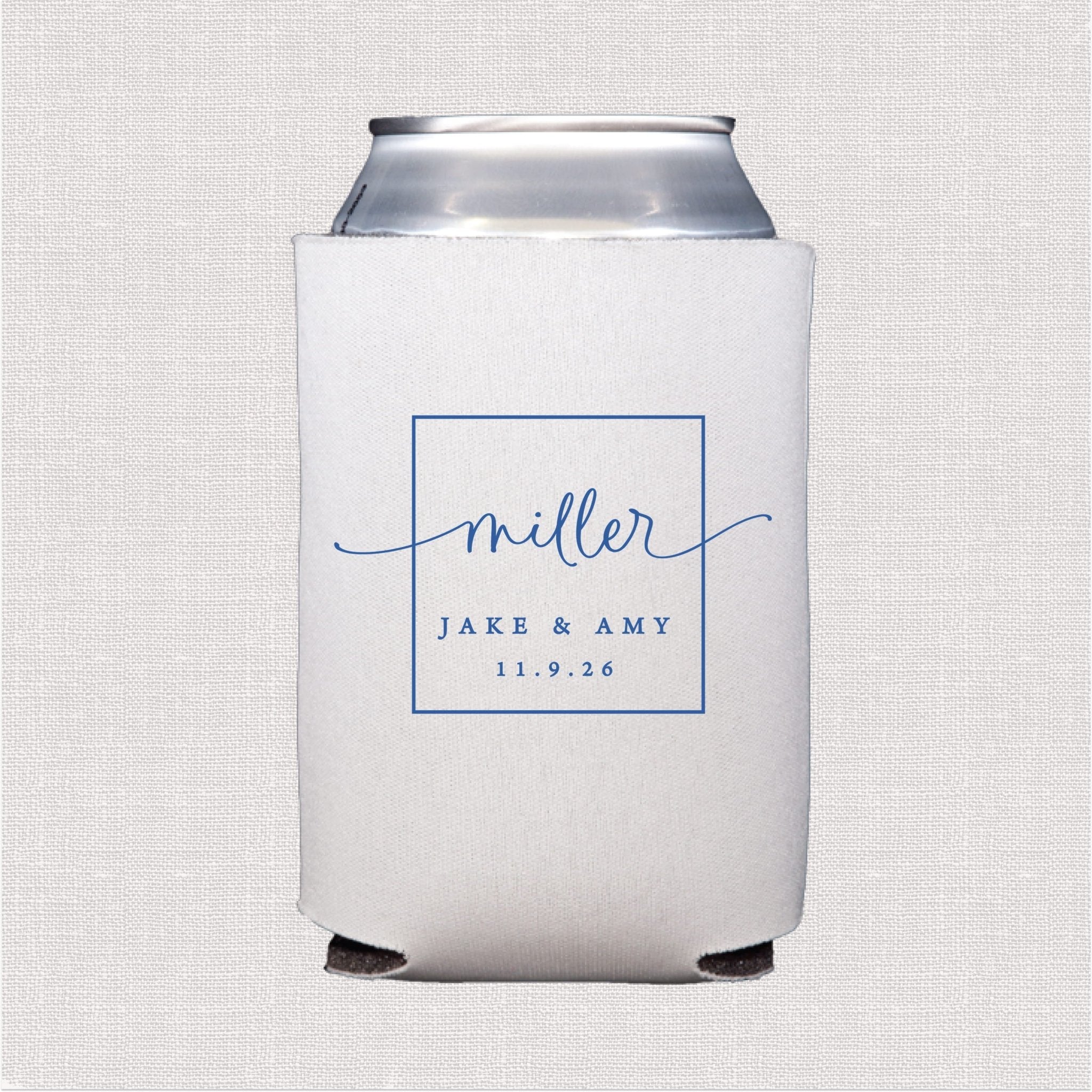 White can cooler with blue script text and personalized wedding couple names in rectangular frame design