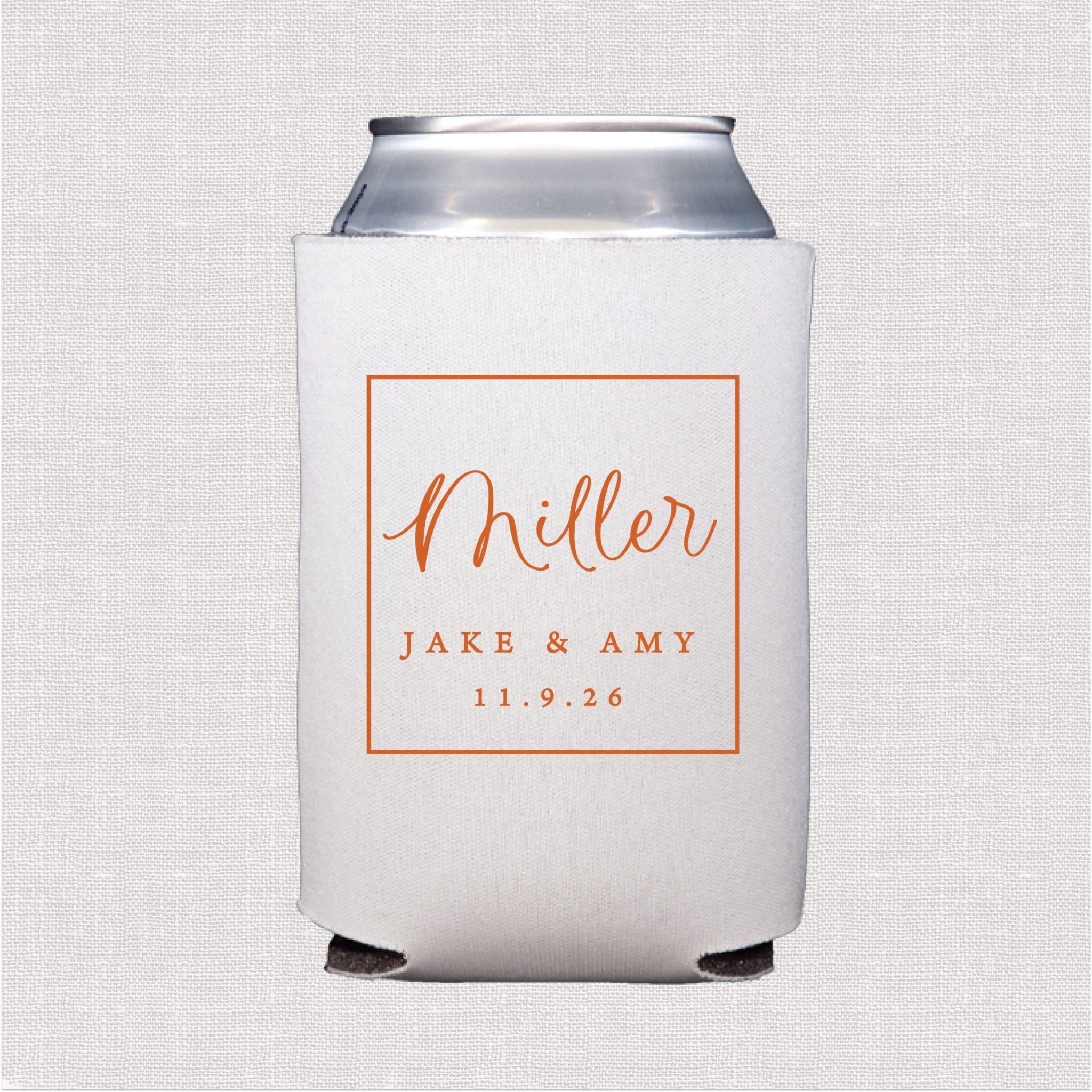 White can cooler with coral script text and personalized wedding date design in box frame