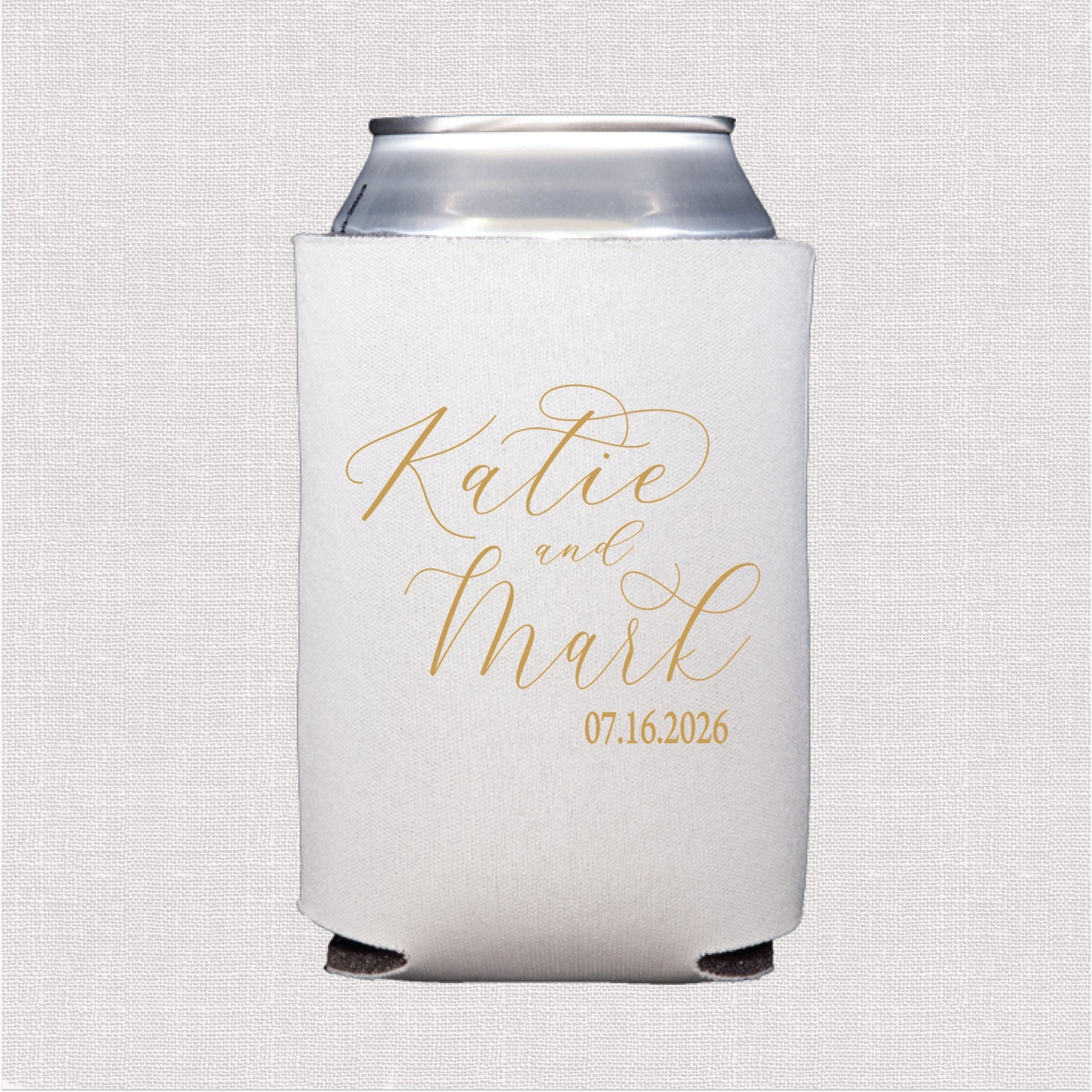 White can cooler with gold script personalized wedding text and date design