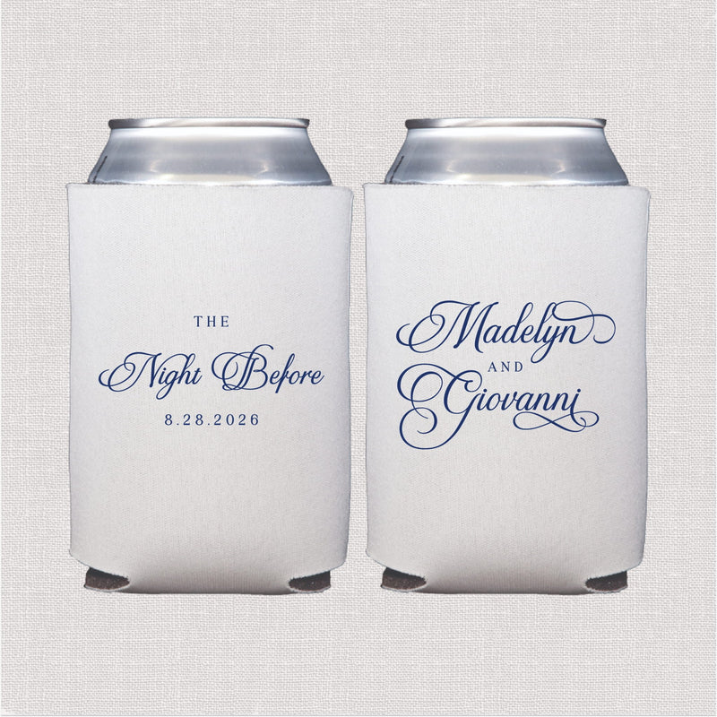 White can cooler with navy script wedding text design