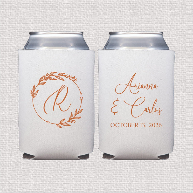 White can cooler with coral floral wreath monogram and personalized wedding text design