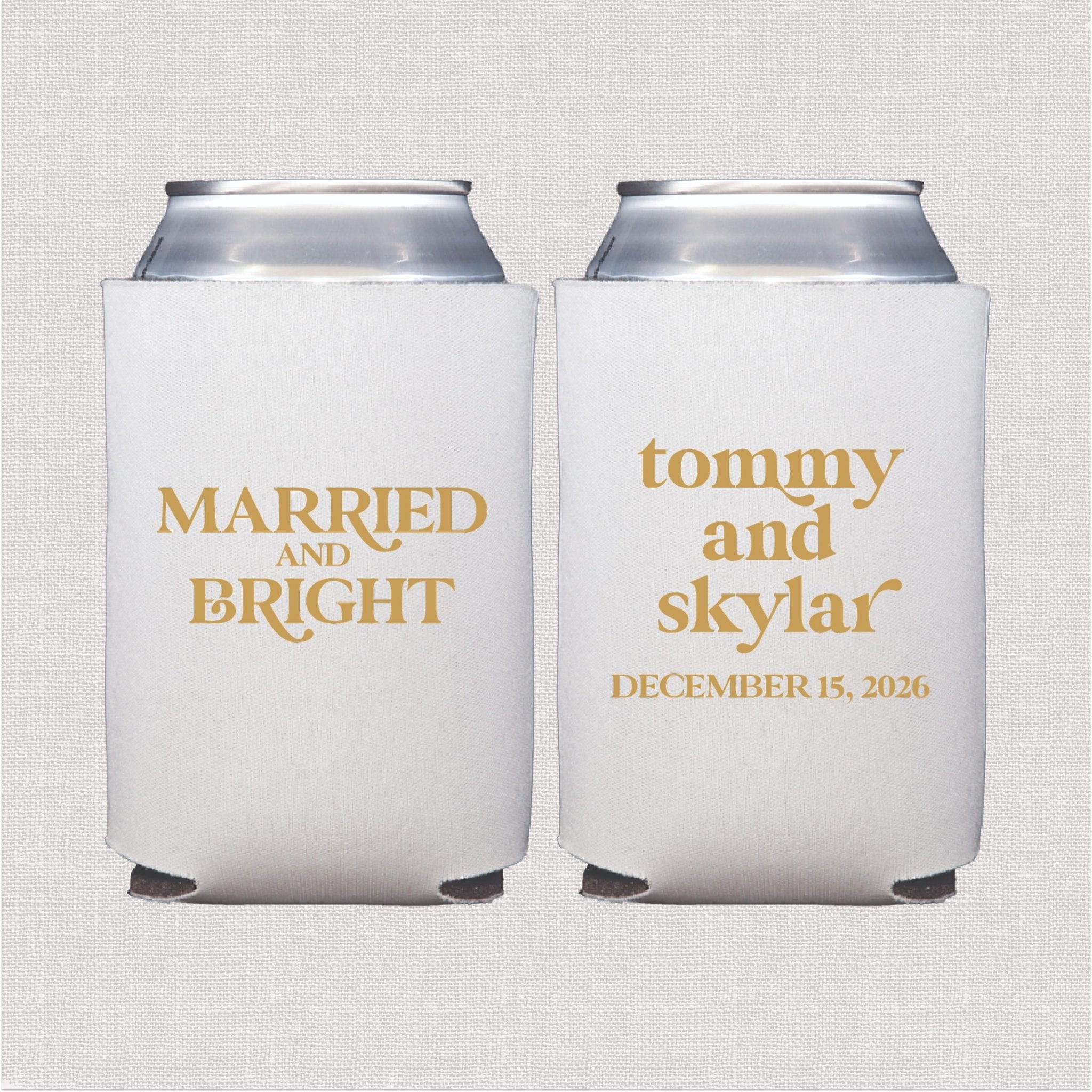 White can cooler with personalized couple names and wedding date in gold foil print