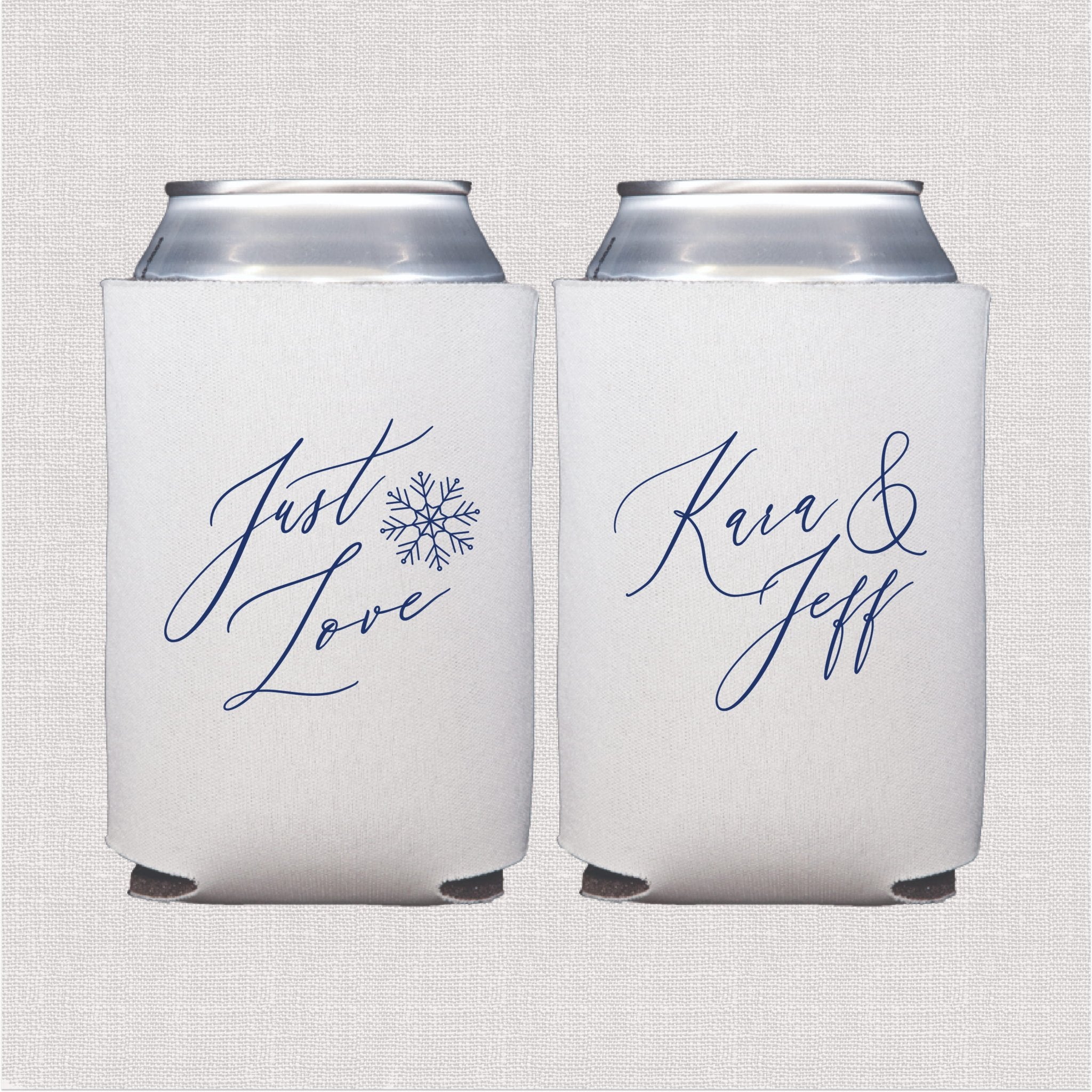White can cooler with script wedding text and snowflake design in navy blue